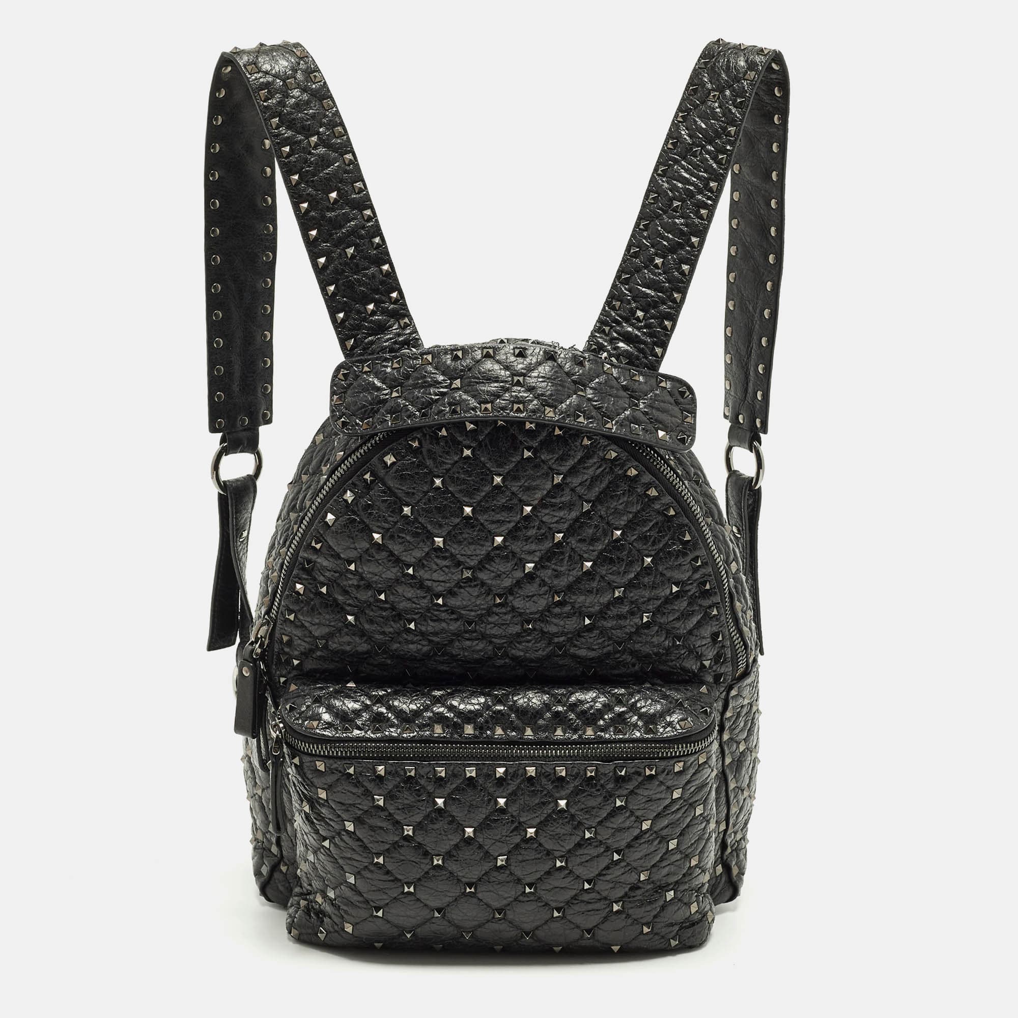 Valentino Rockstud Spike Black Quilted Leather Backpack