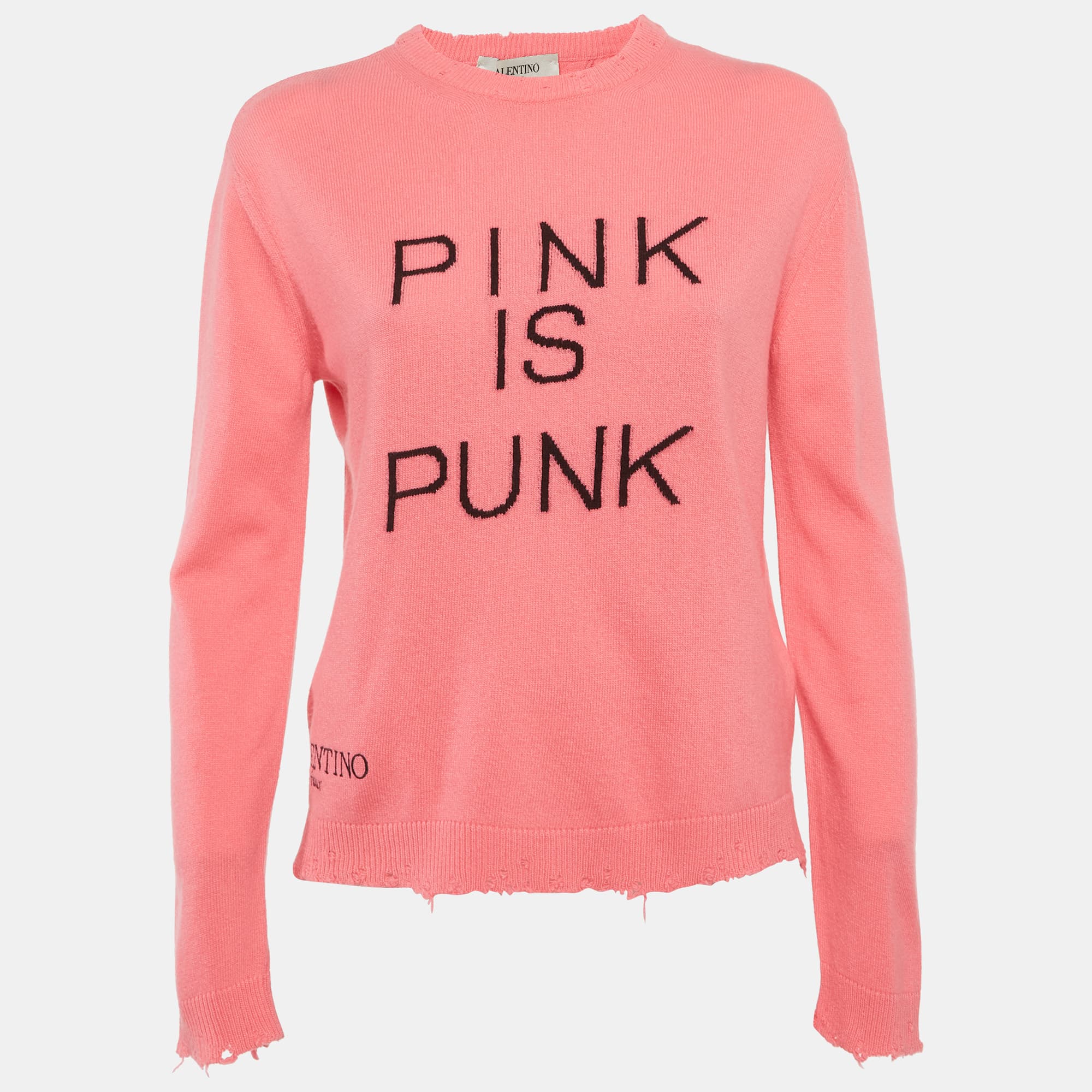 Valentino Pink Intarsia Wool Knit Distressed Sweater S