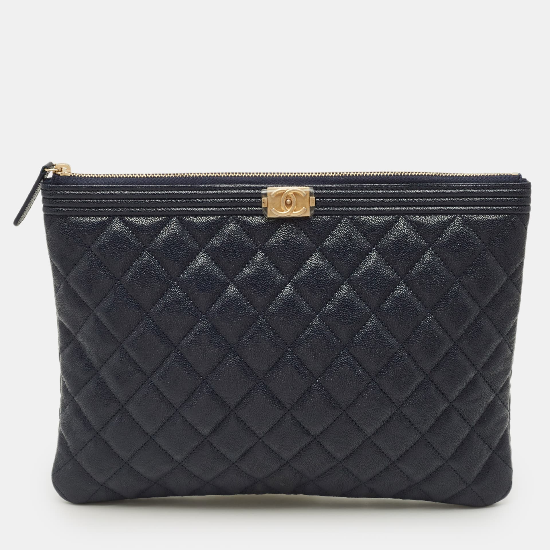 Chanel Boy Medium Blue Quilted Caviar Leather Pouch