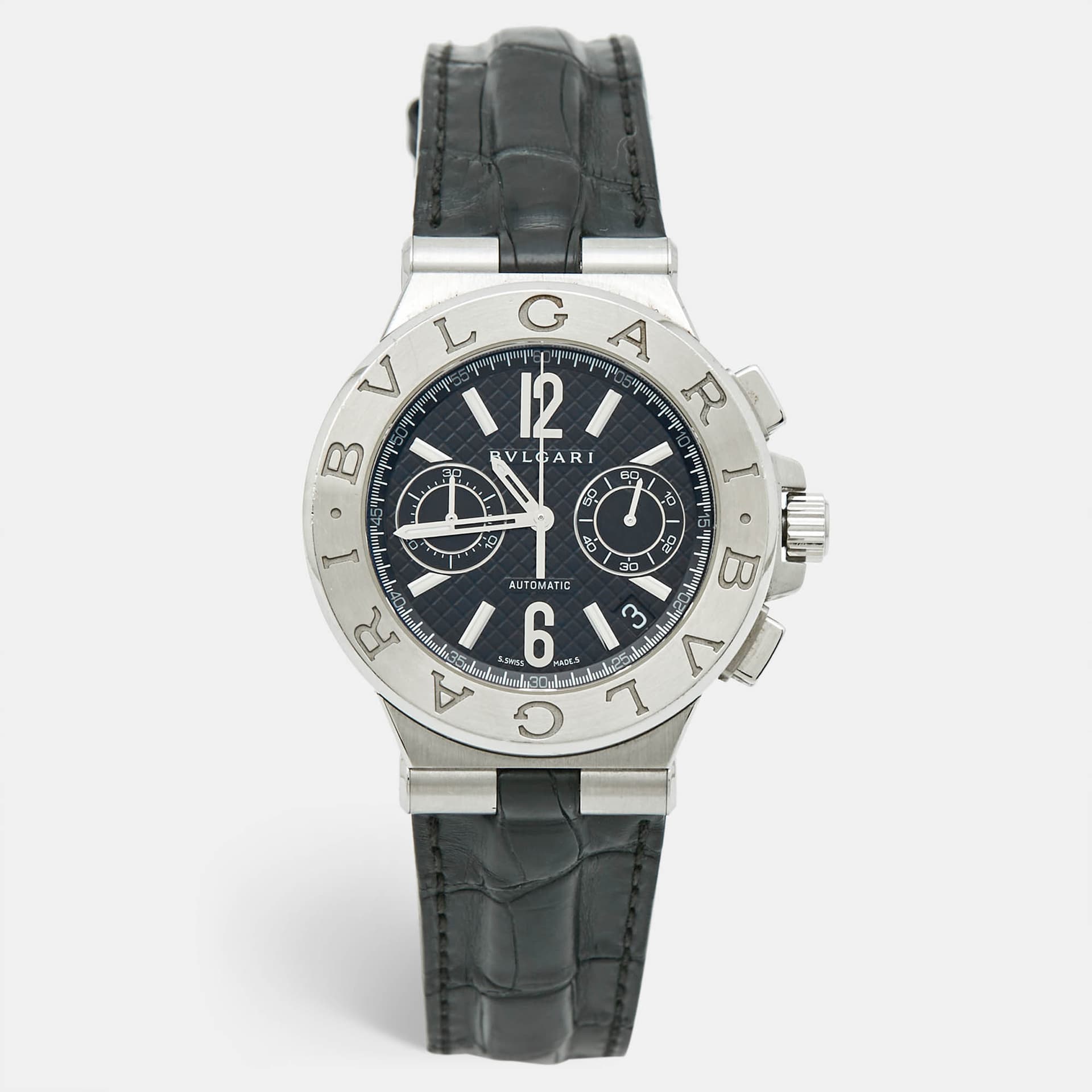 Bvlgari Diagono DG40SCH Black Dial Stainless Steel Alligator Leather Men's Wristwatch 40 mm
