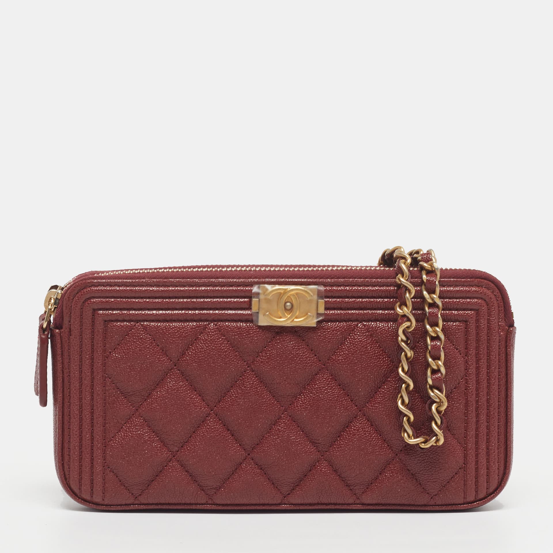 Chanel Boy Burgundy Quilted Caviar Leather Chain Clutch