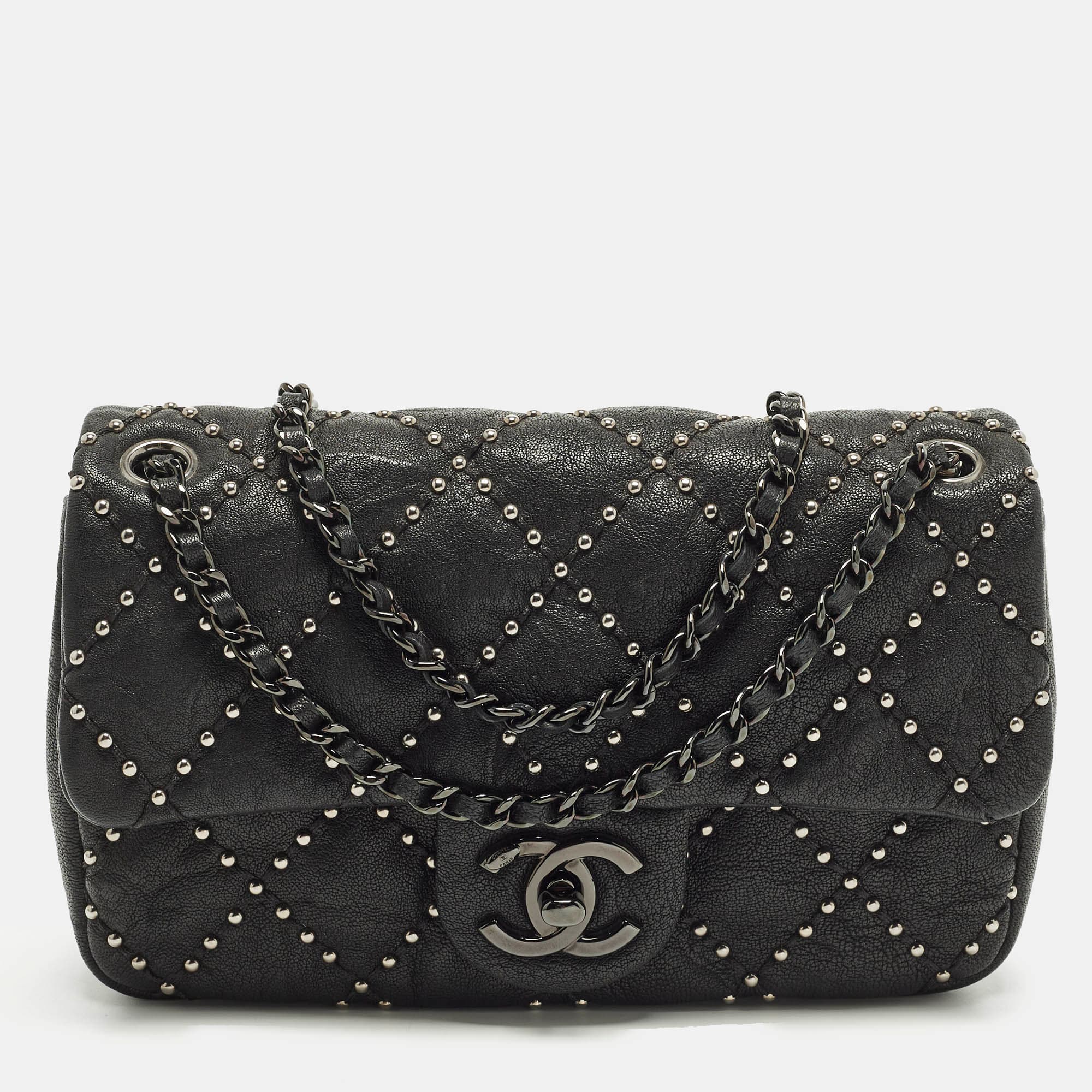 Chanel Small Studded Black Quilted Leather Flap Bag