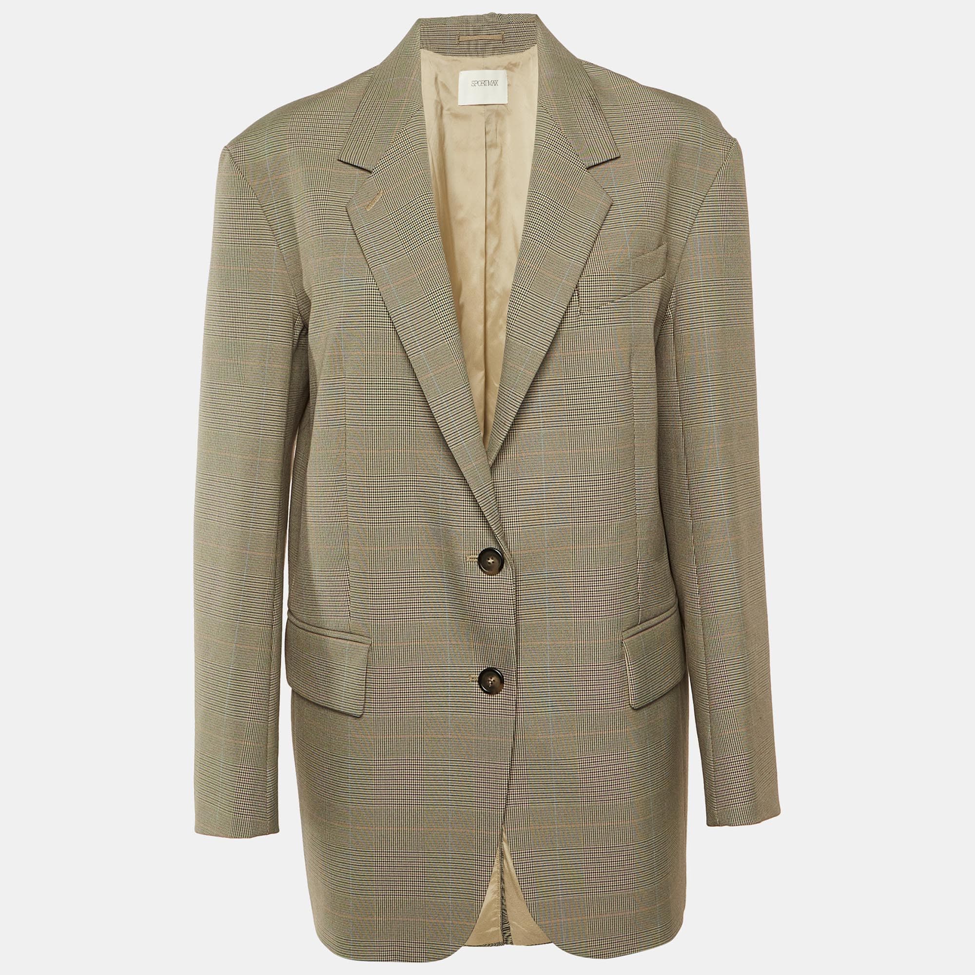 Sportmax Beige Houndstooth Pattern Crepe Oversized Blazer S
