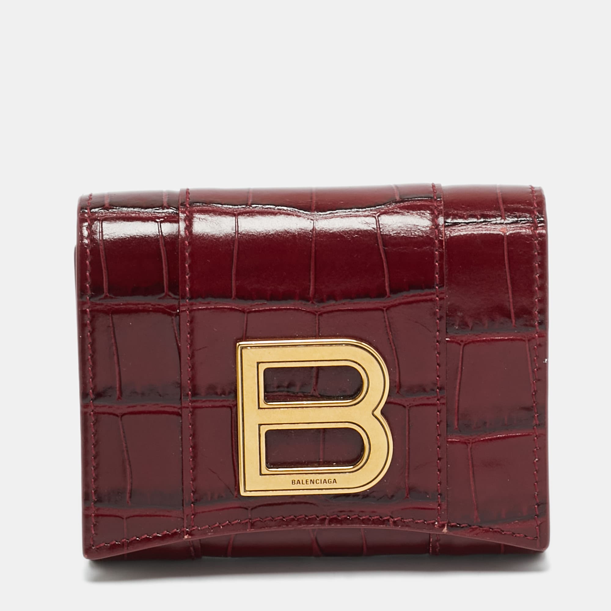 Balenciaga Hourglass Burgundy Croc Embossed Leather Trifold Wallet