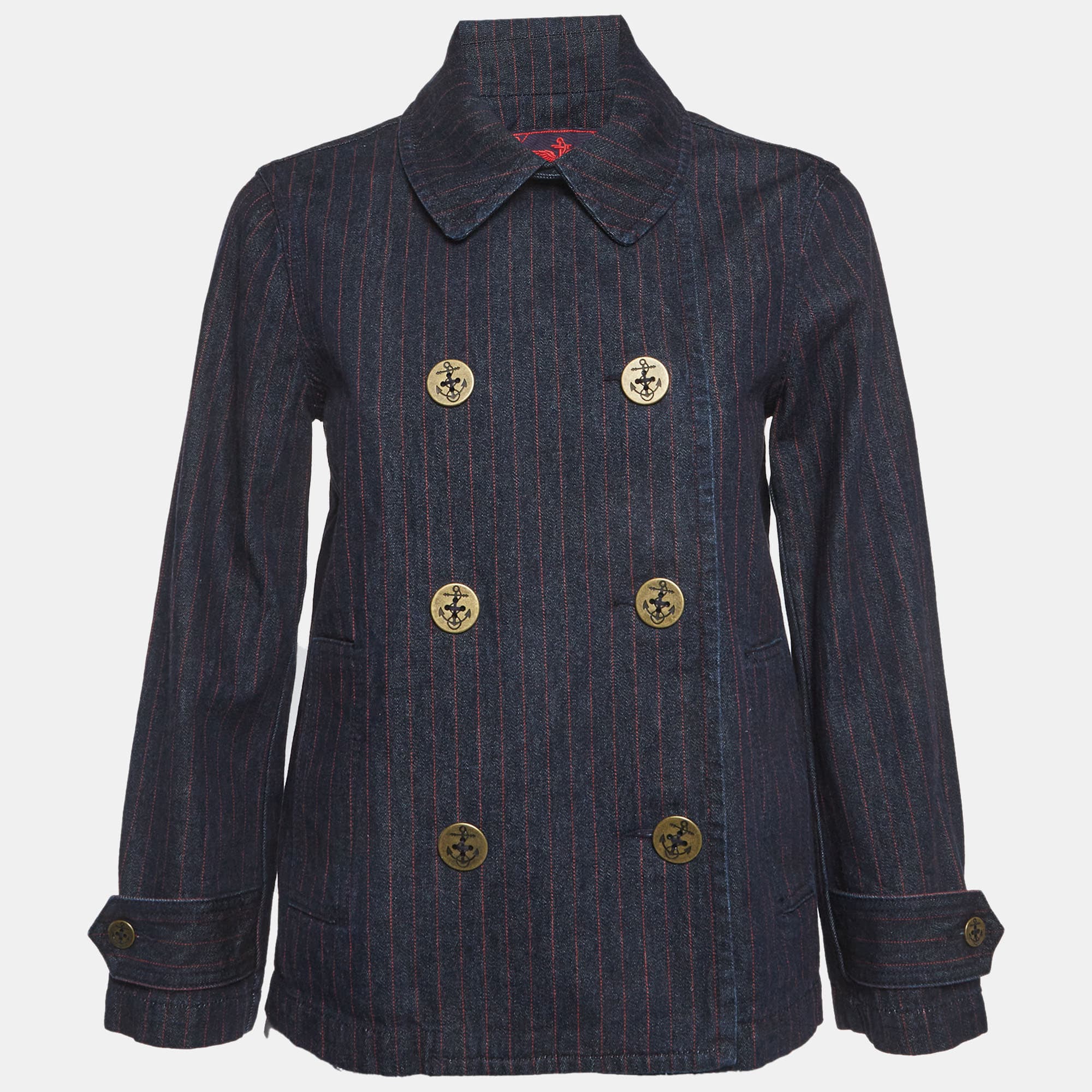 Ralph Lauren Navy Blue Striped Denim Double Breasted Jacket S