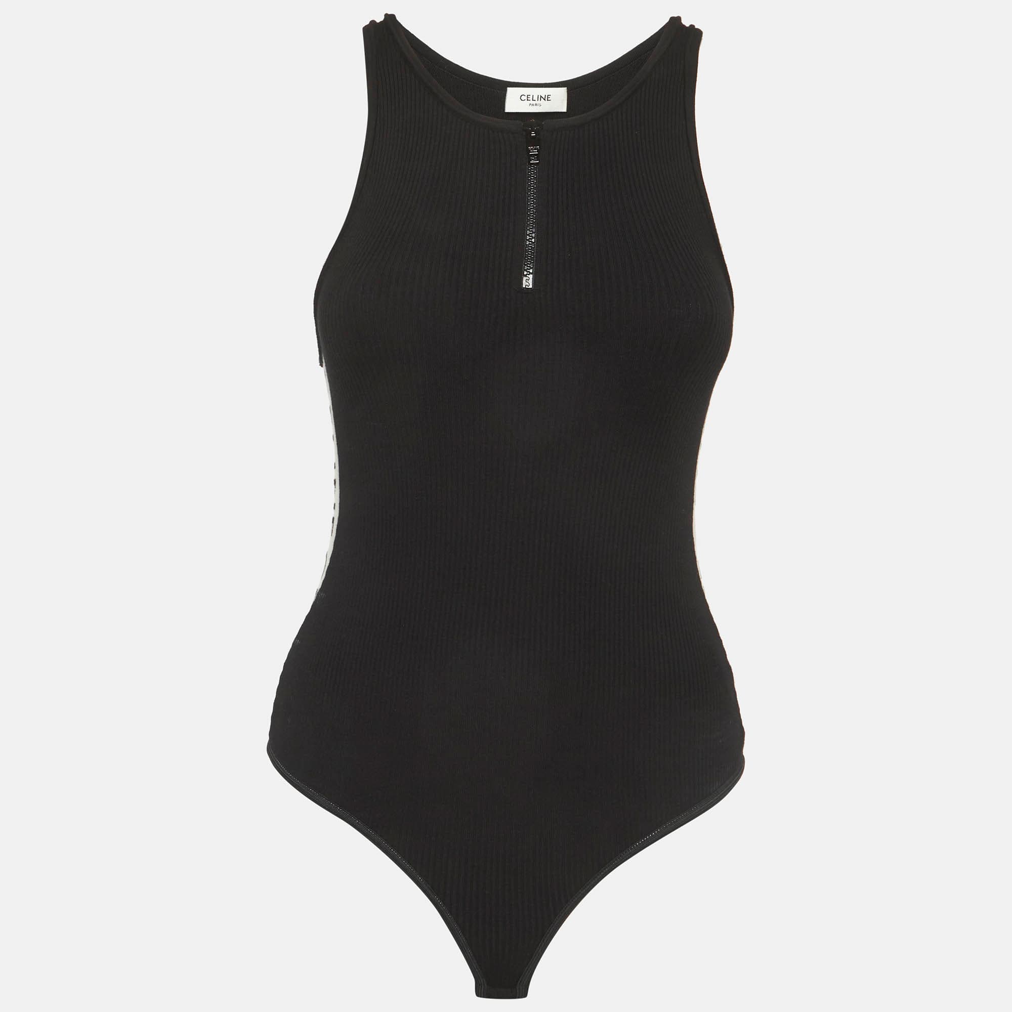 Celine Black Cotton Rib Knit Bodysuit S