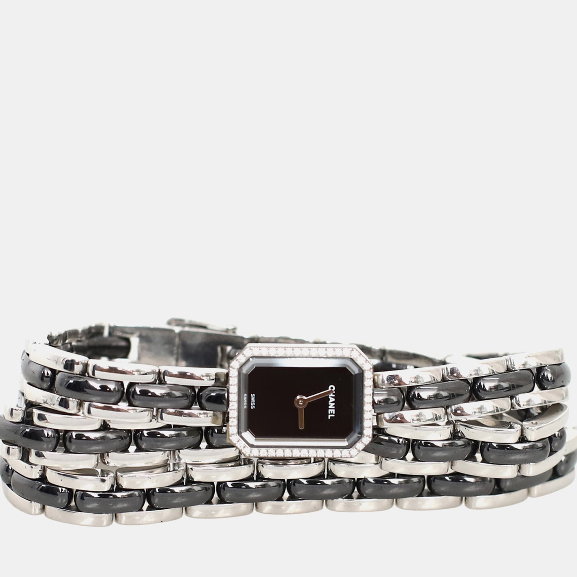 Chanel Black Quartz Ceramic, Stainless Steel Diamond Premiere Mini Triple Bracelet Wrist Watch