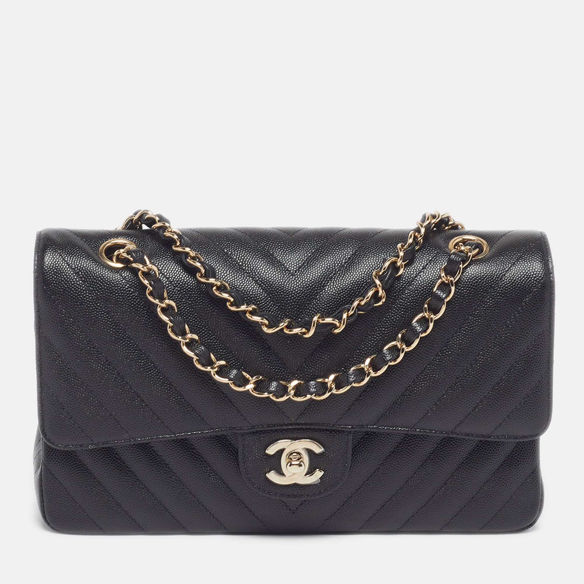 Chanel Classic Double Flap Medium Black Chevron Caviar Leather Shoulder Bag