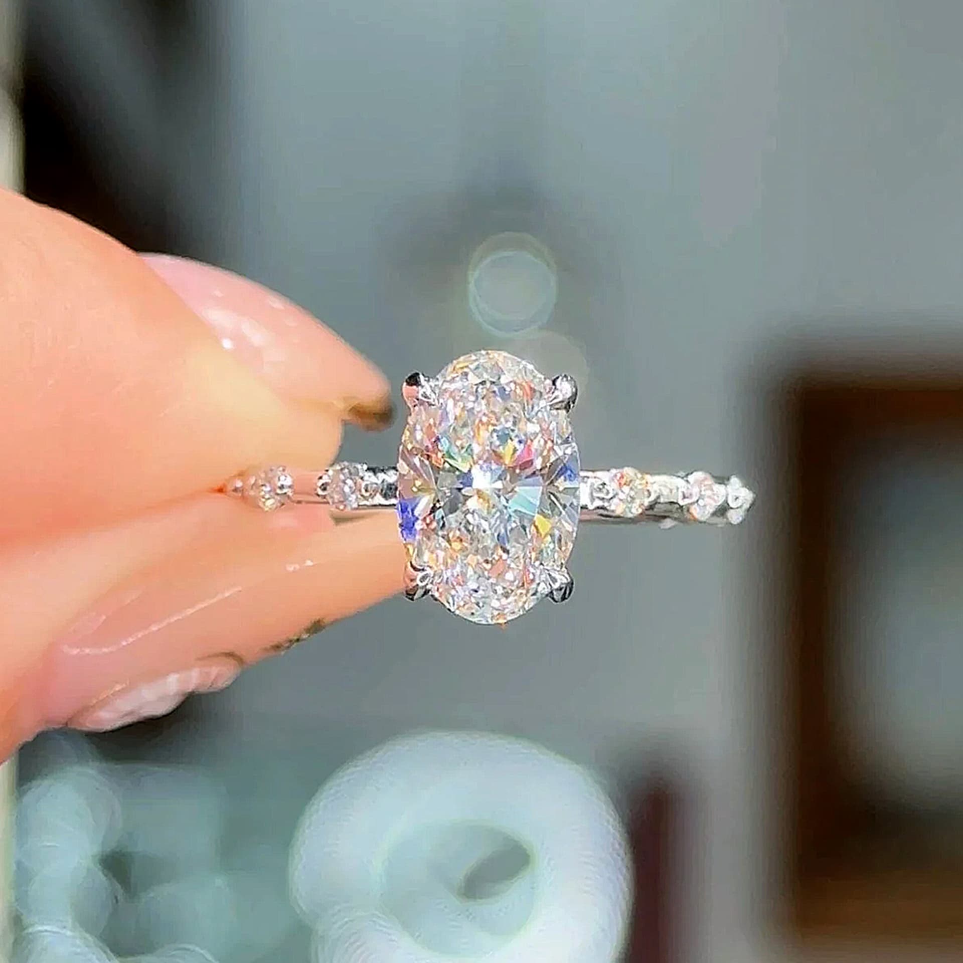 2 cts Oval Lab Grown Diamond 14k White Gold Engagement Ring Size 52