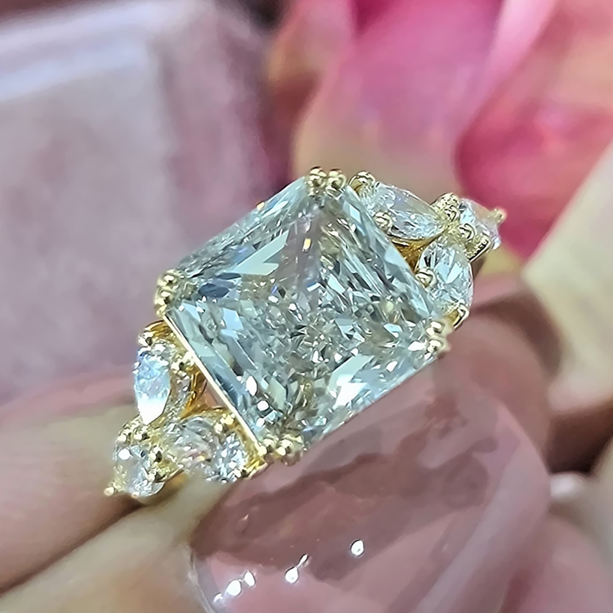 3.4 cts Radiant Cut Lab Grown Diamond 18k Yellow Gold Ring Size 52