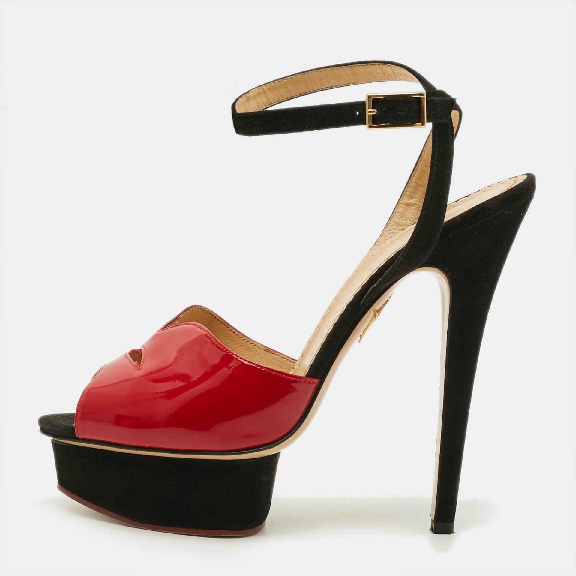 Charlotte Olympia Size 39 Red Patent Leather Suede Platform Sandals