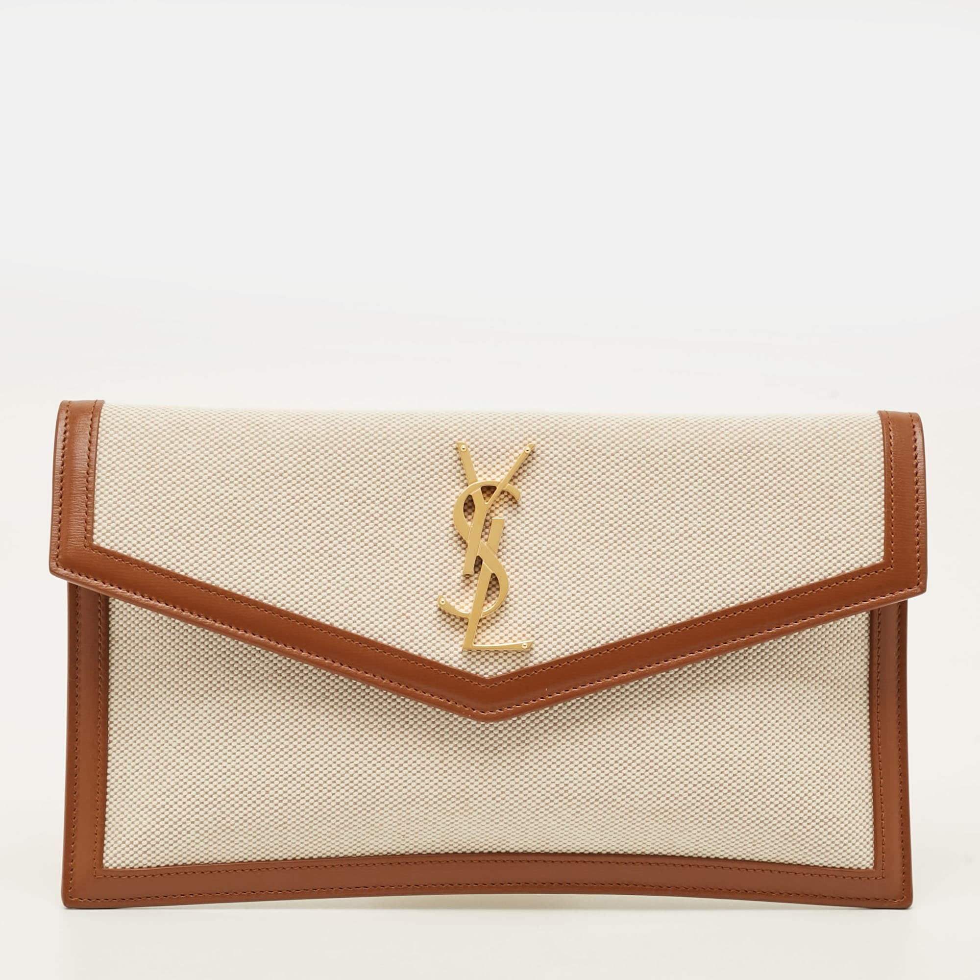 Saint Laurent Uptown Beige/Brown Canvas and Leather Pouch