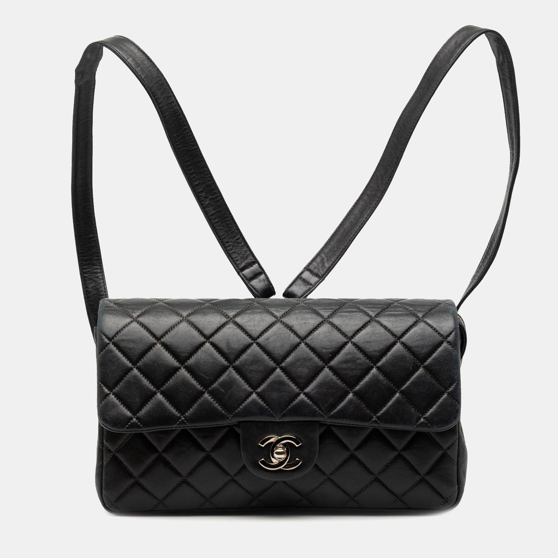 Chanel Flap Backpack Medium Black Lambskin Leather Backpack Bag