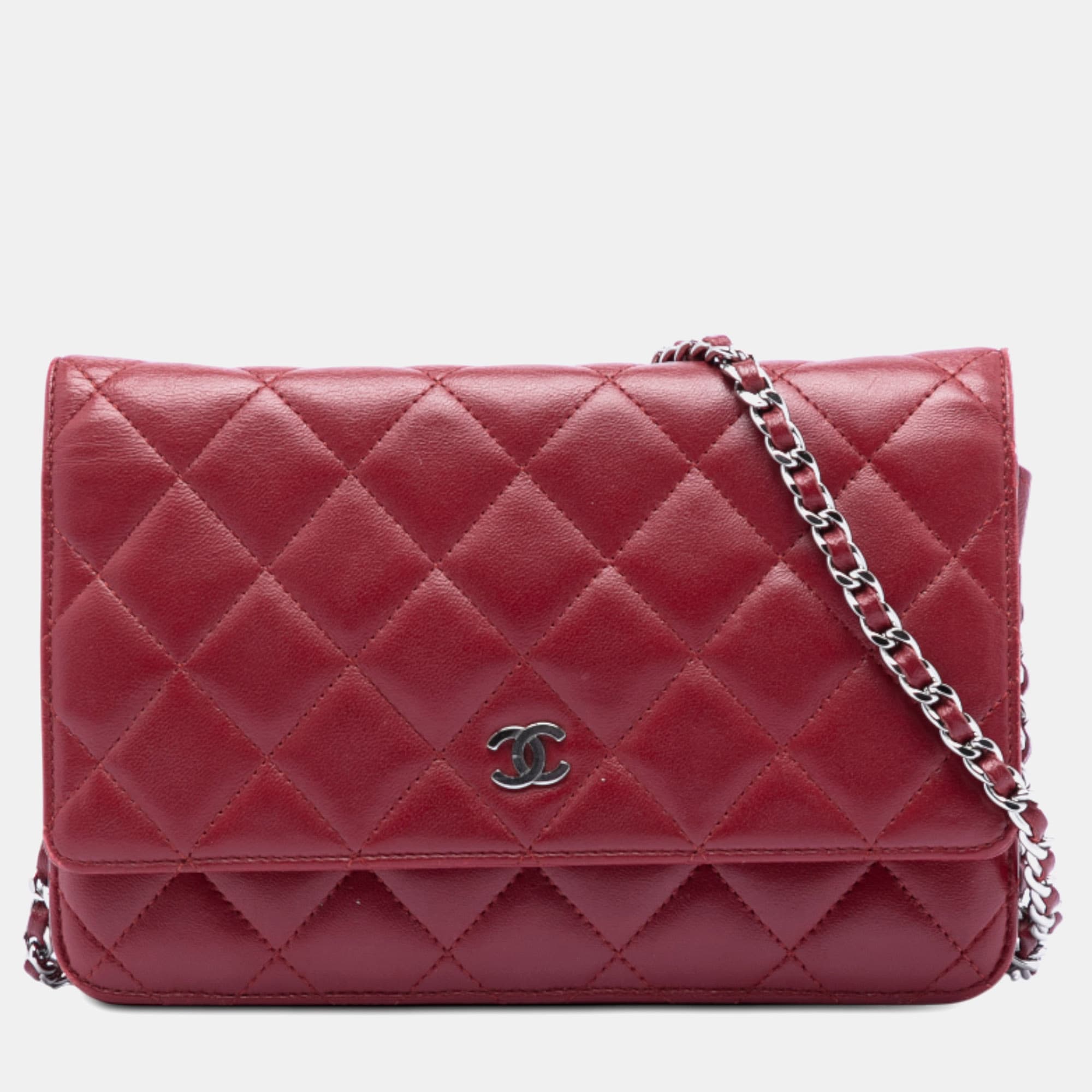 Chanel Red CC Quilted Lambskin Wallet on Chain