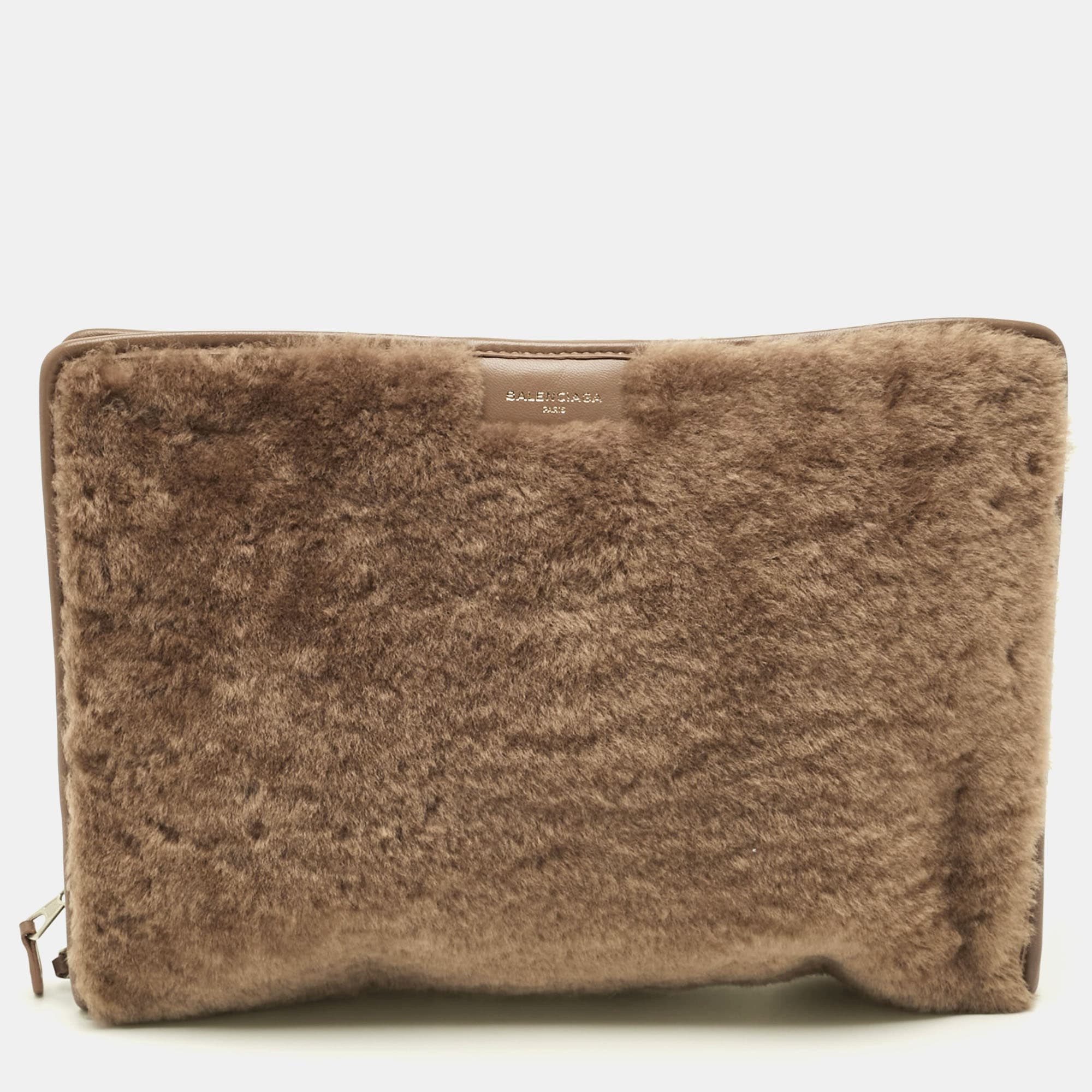 Balenciaga Bazar Brown Shearling Fur and Leather Pouch