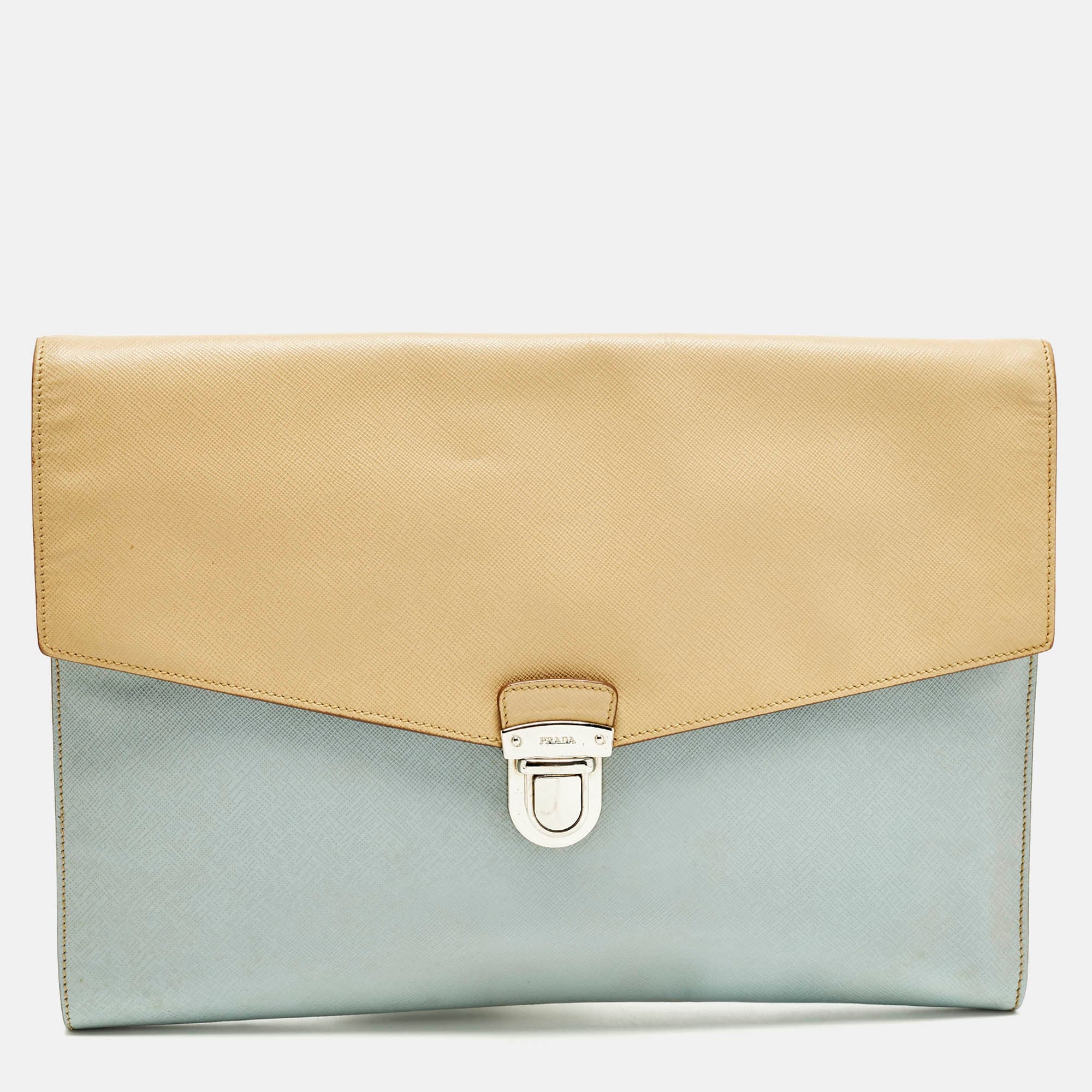 Prada Envelope Beige/Light Blue Saffiano Bicolo Leather Document Case