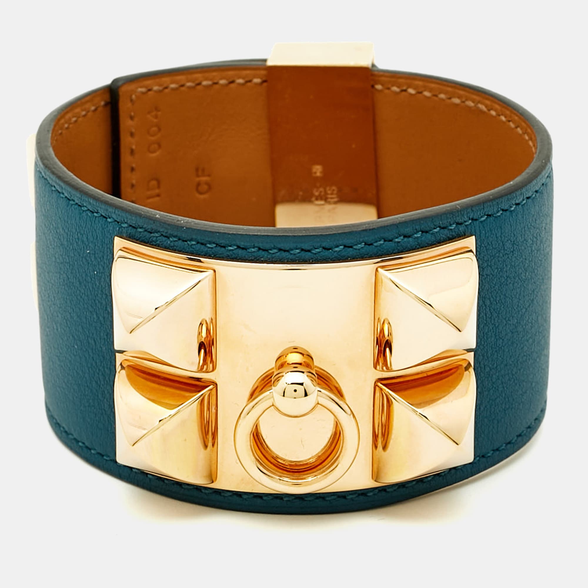 Hermes Collier De Chien Blue Leather Gold Plated Bracelet L