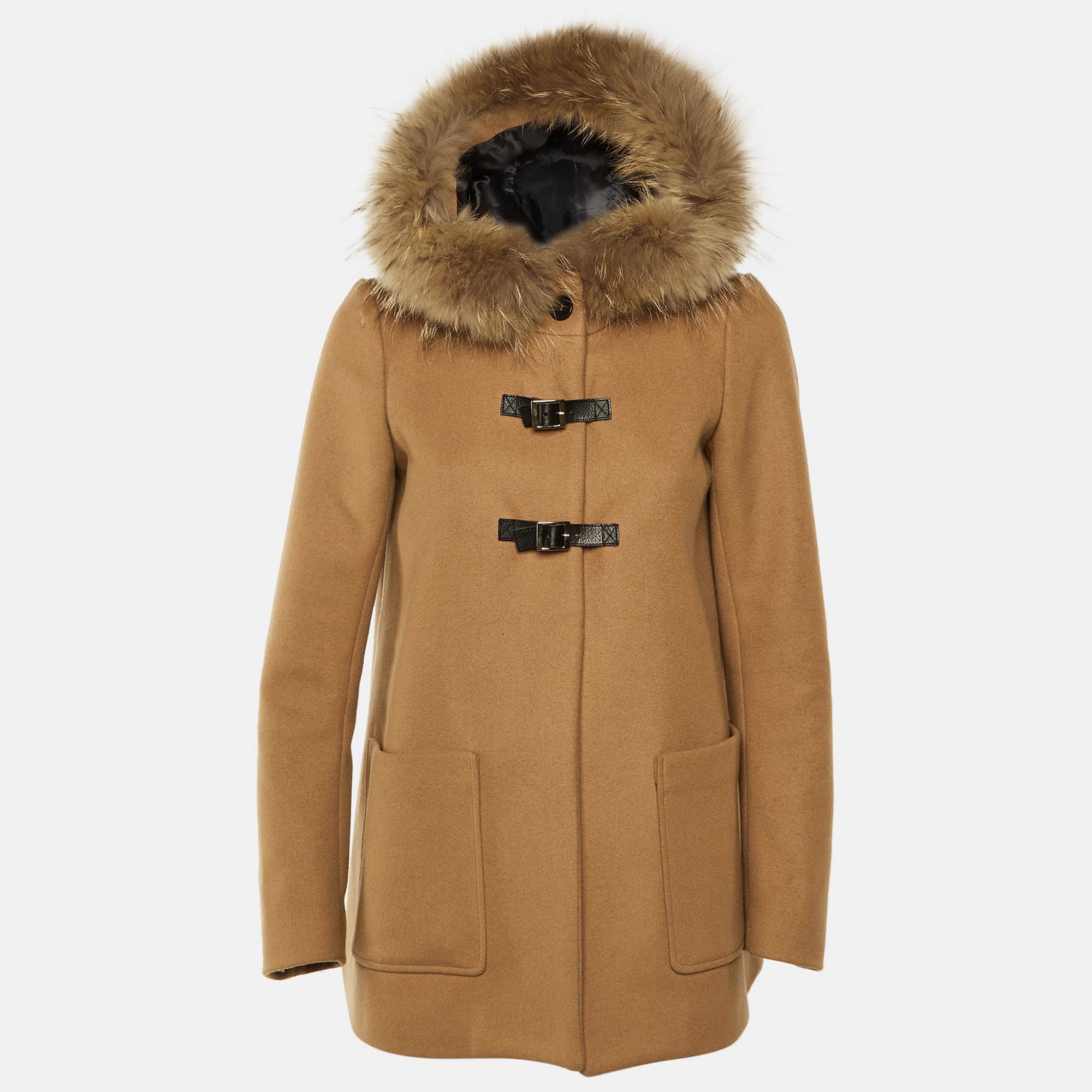Maje Camel Brown Wool & Fur Collar Collar M