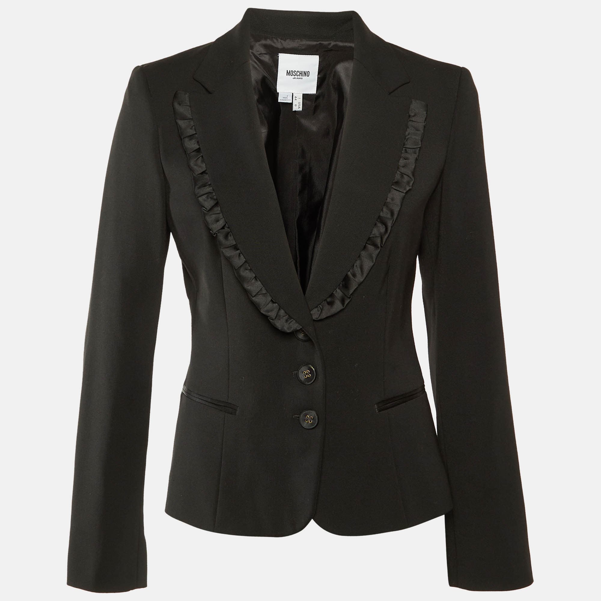 Moschino Jeans Black Wool Blend Ruffle Detail Blazer M