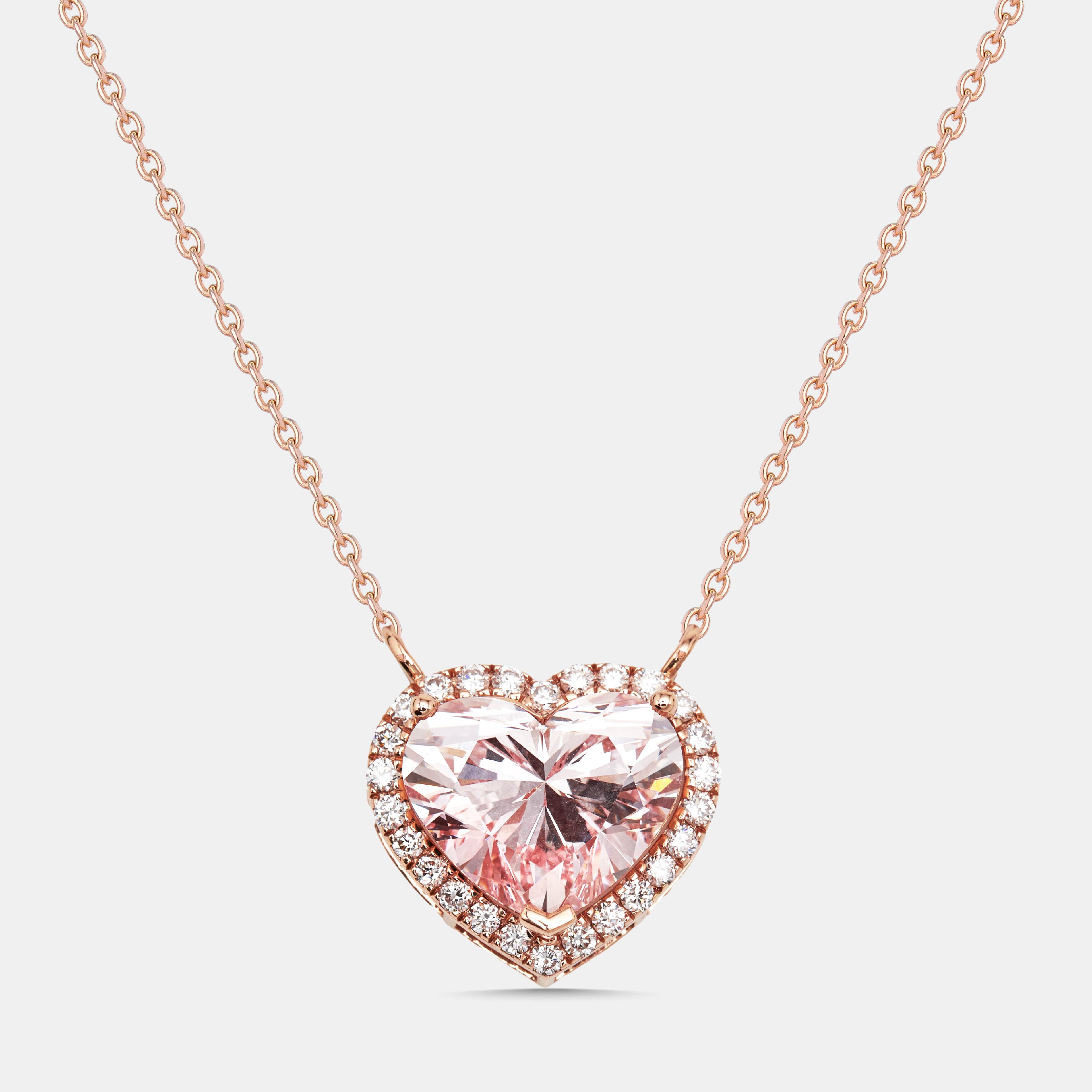 3.8 Cts Pink Heart, Round Lab Grown Diamonds 18k Rose Gold Necklace