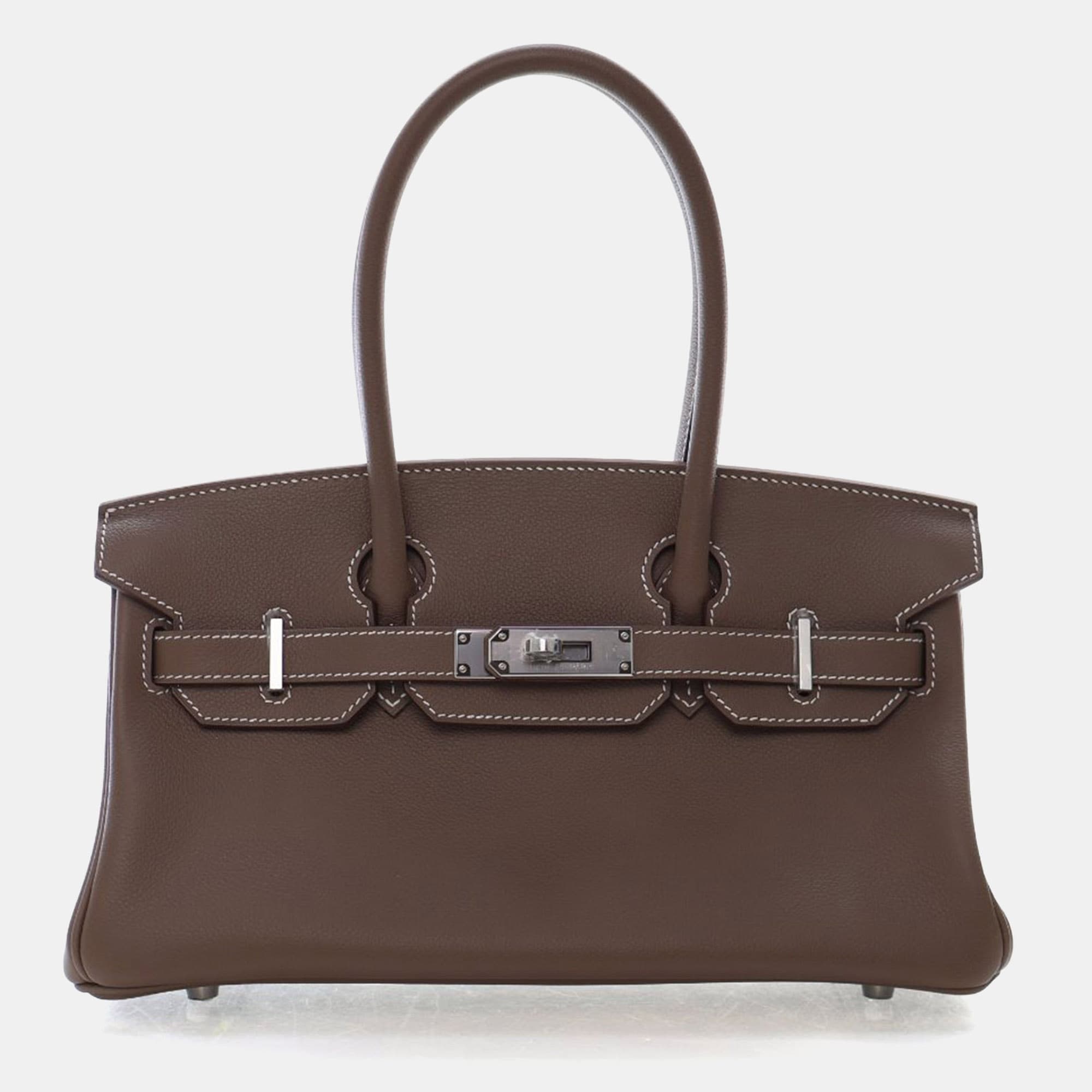 Hermes Shoulder Birkin 29 Taupe Evercolor Calfskin Leather Top Handle Bag