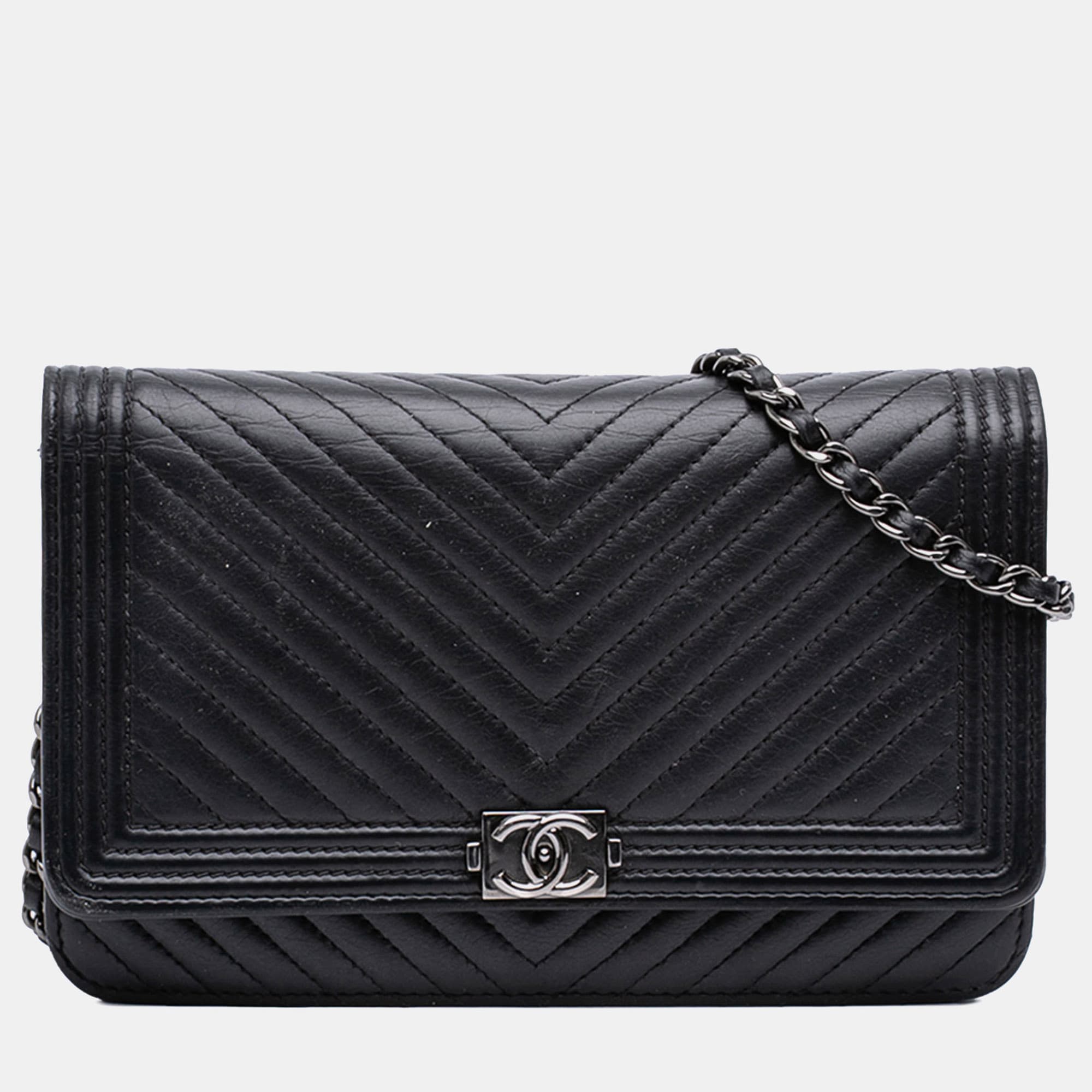 Chanel Black Chevron Lambskin Boy Wallet on Chain
