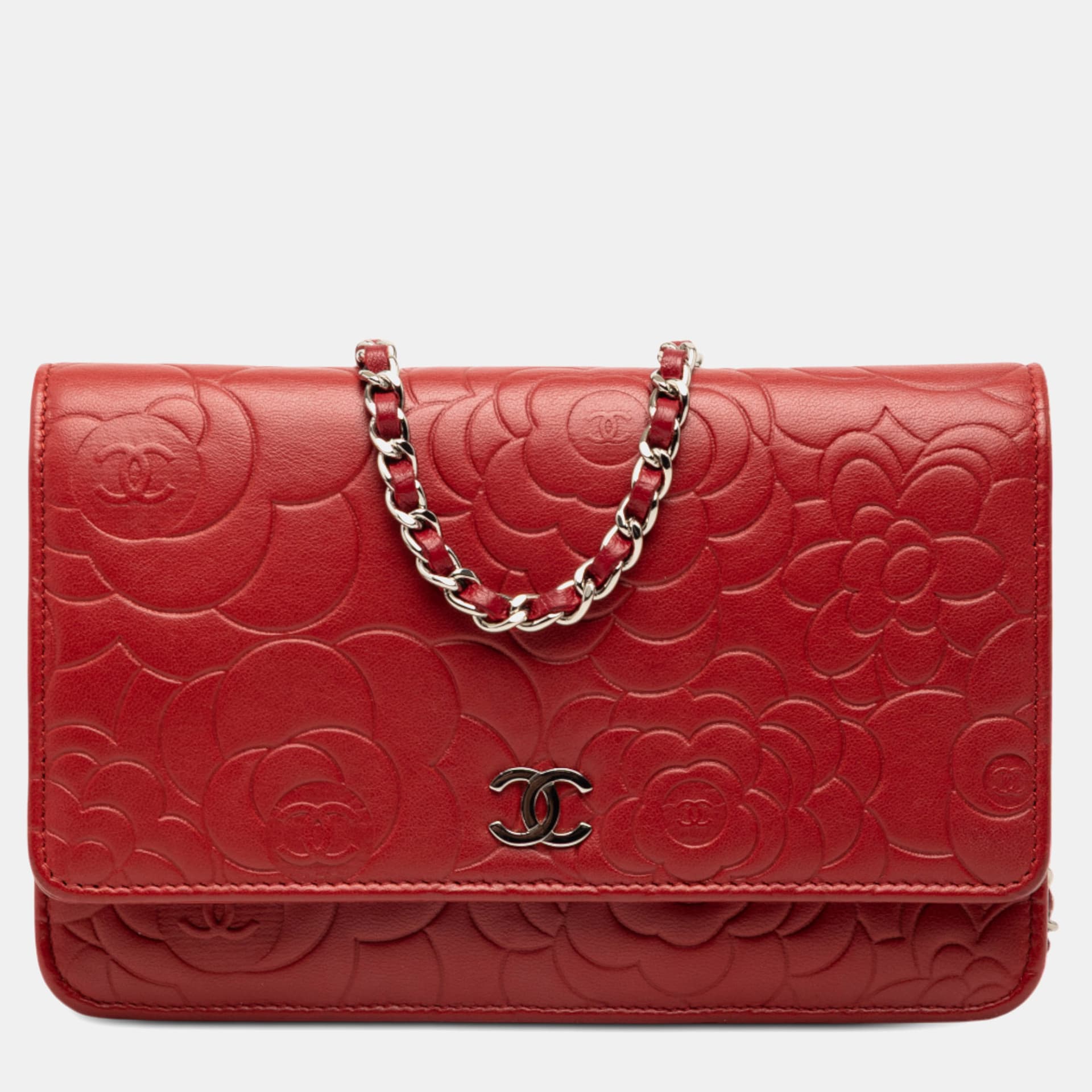 Chanel Wallet on Chain Red Embossed Lambskin Leather Shoulder Bag