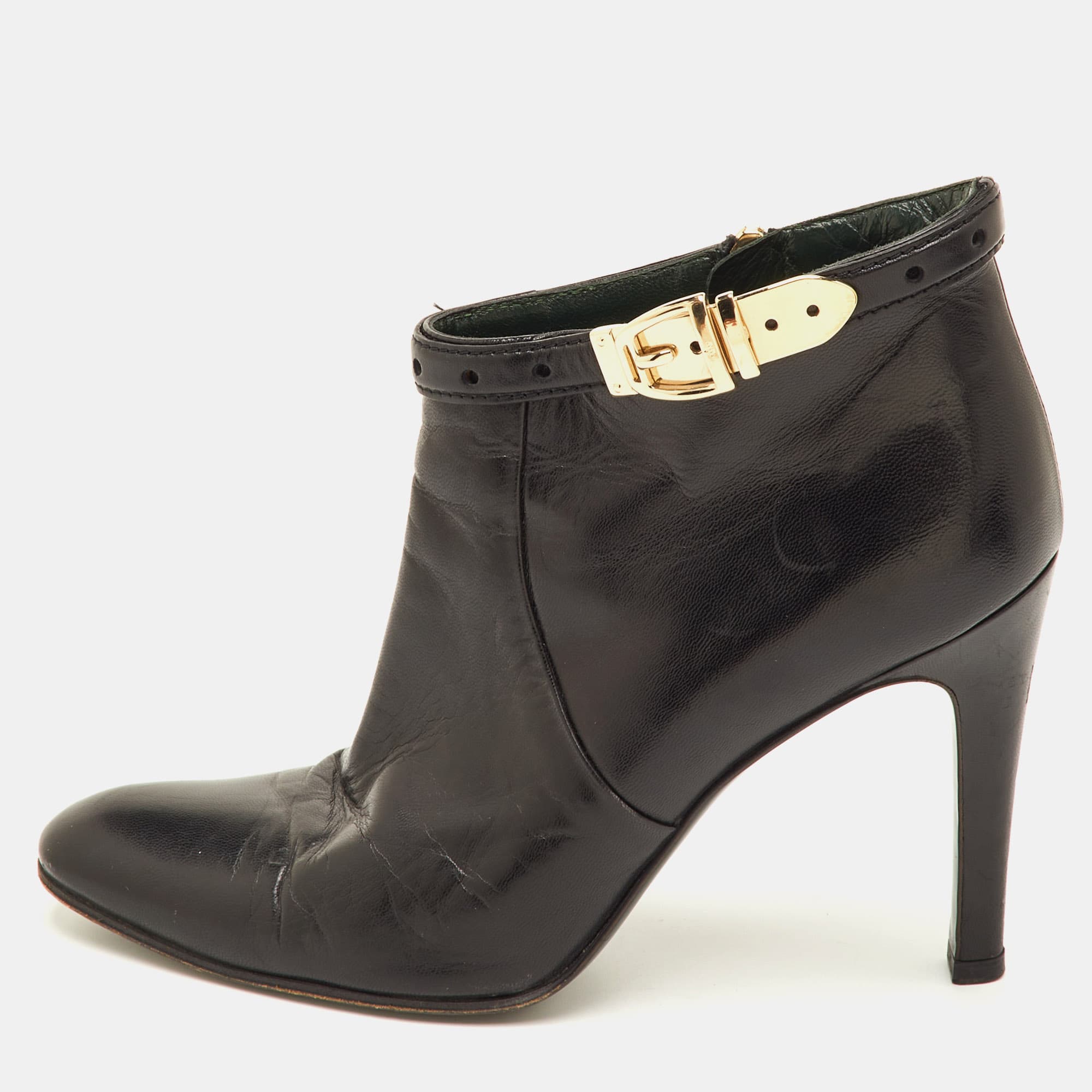 Gucci Size 38.5 Black Leather Buckle Detail Ankle Length Boots