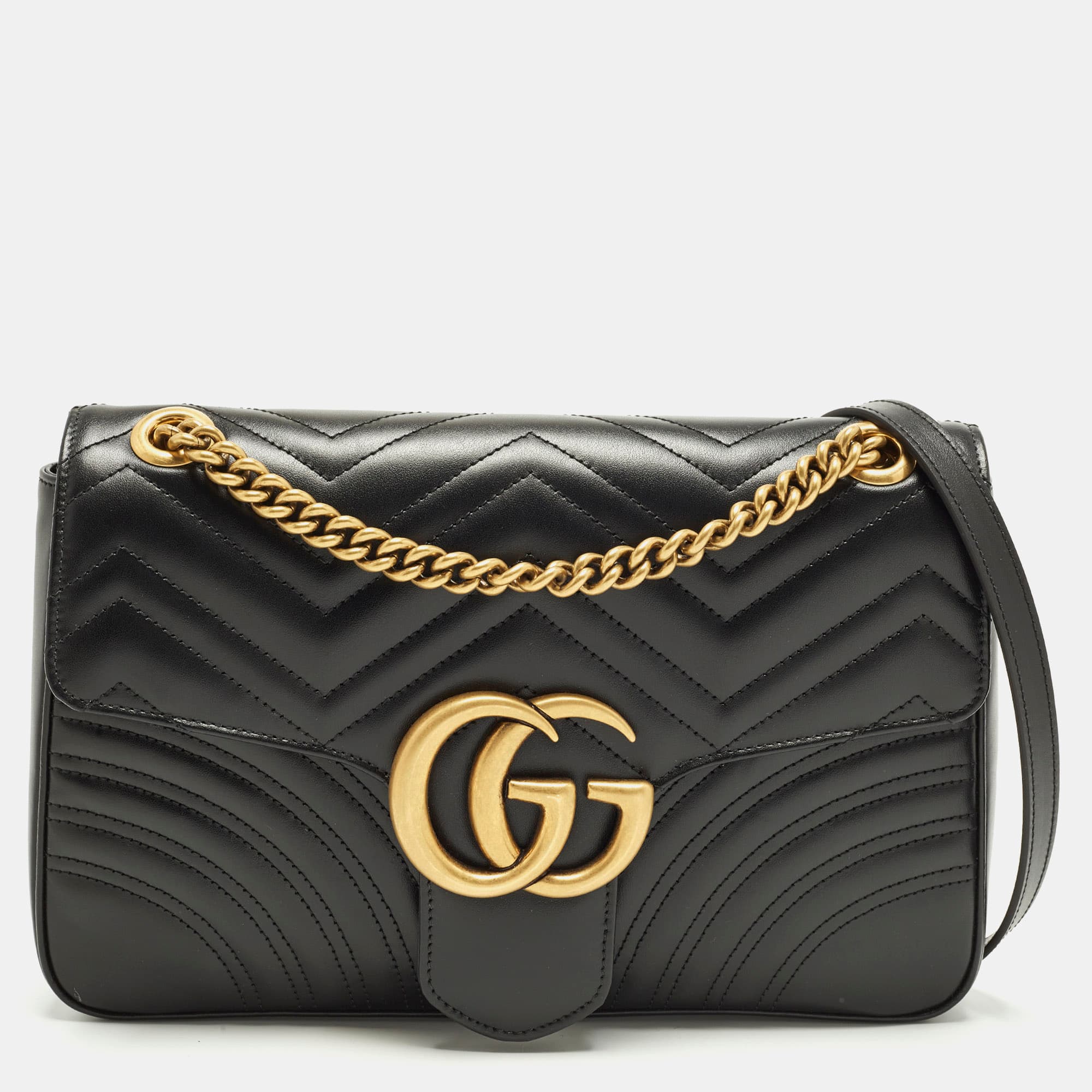 Gucci GG Marmont Medium Black Matelass&eacute; Leather Shoulder Bag