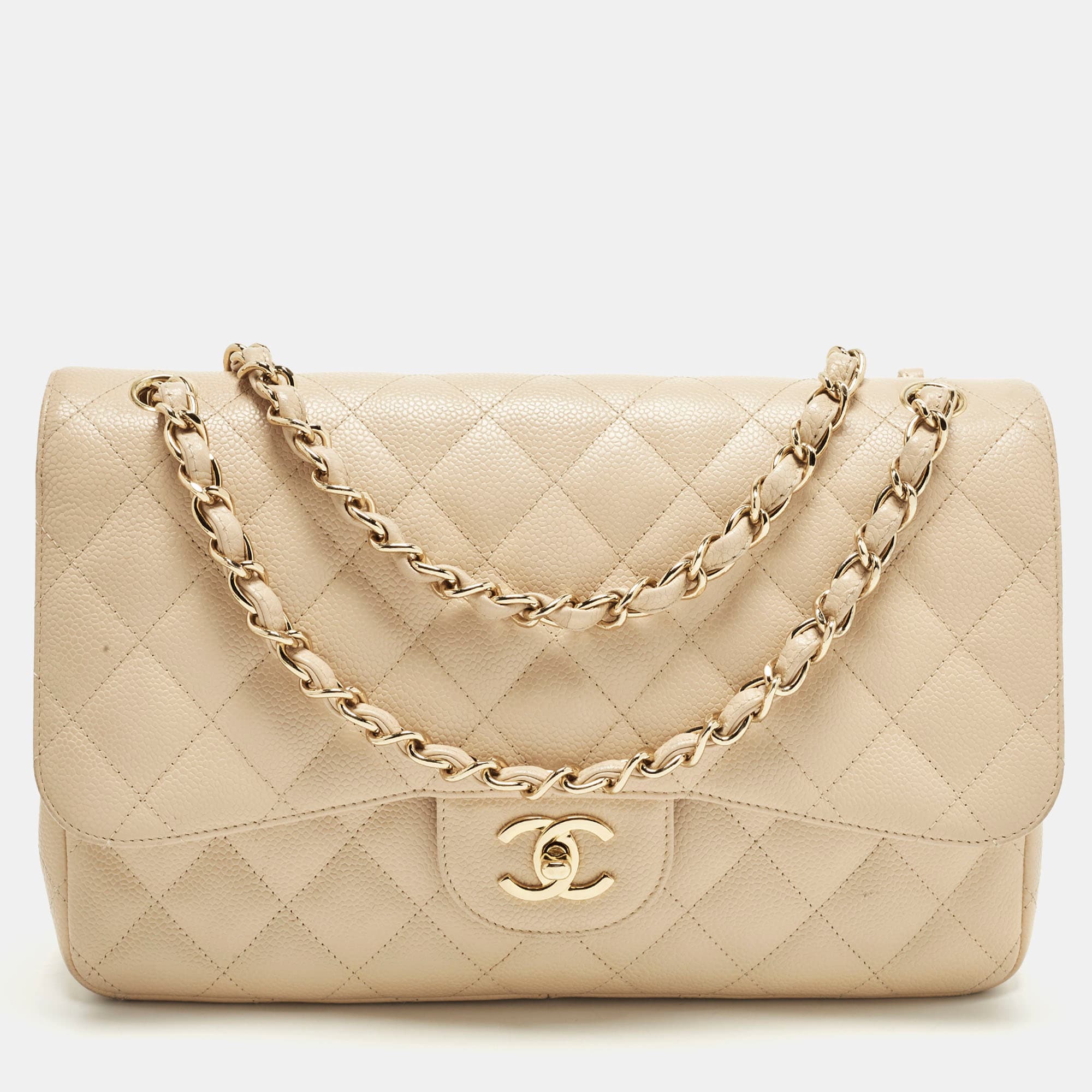 Chanel Classic Double Flap Jumbo Beige Quilted Caviar Leather Bag