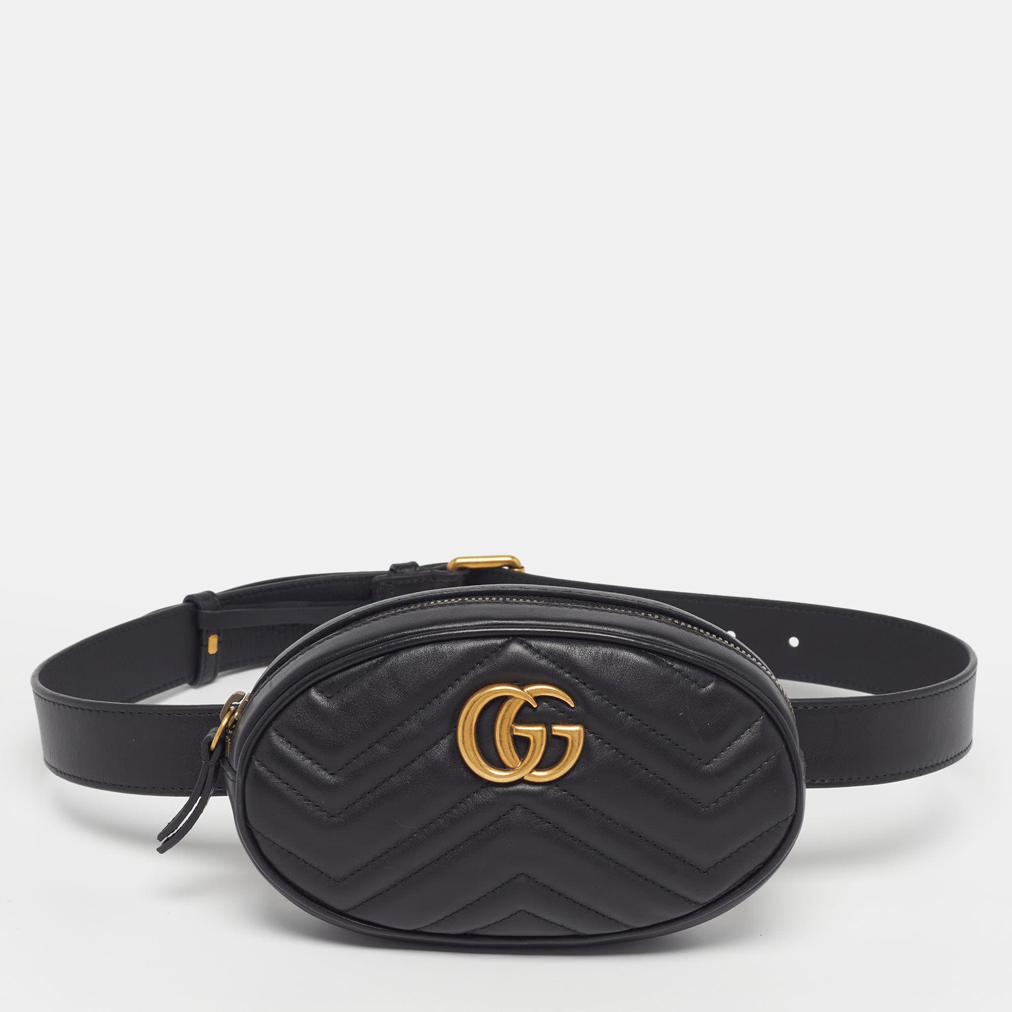 Gucci GG Marmont Mini Black Matelass&eacute; Leather Belt Bag
