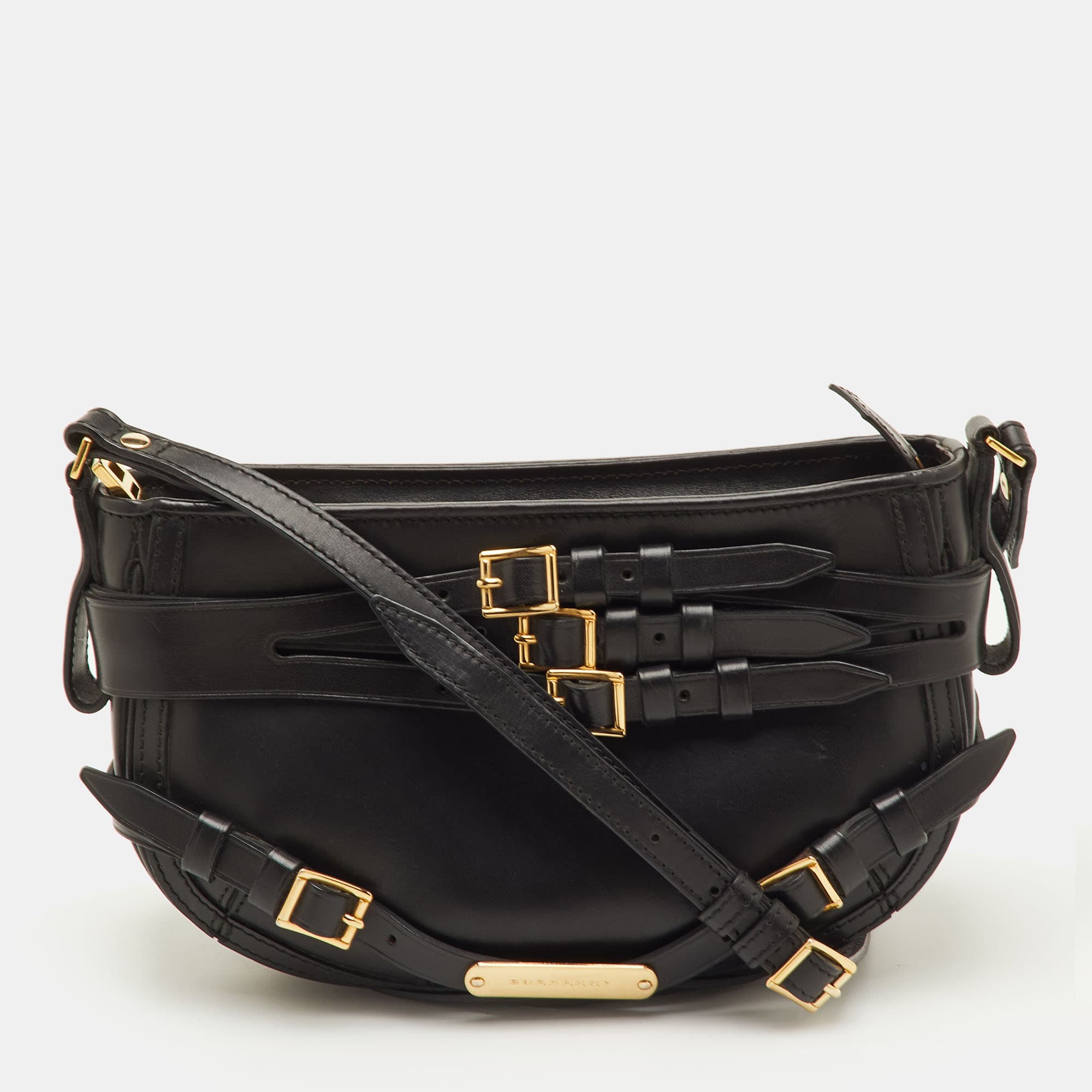 Burberry Dutton Black Leather Buckle Detail Crossbody Bag