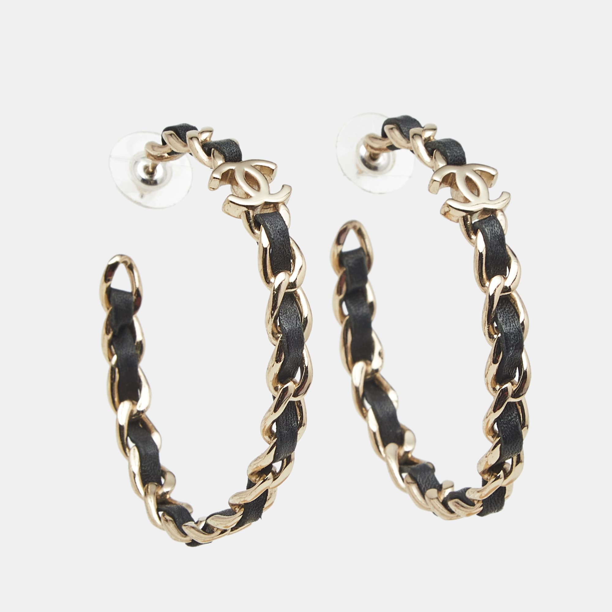 Chanel CC Leather Gold Tone Earrings