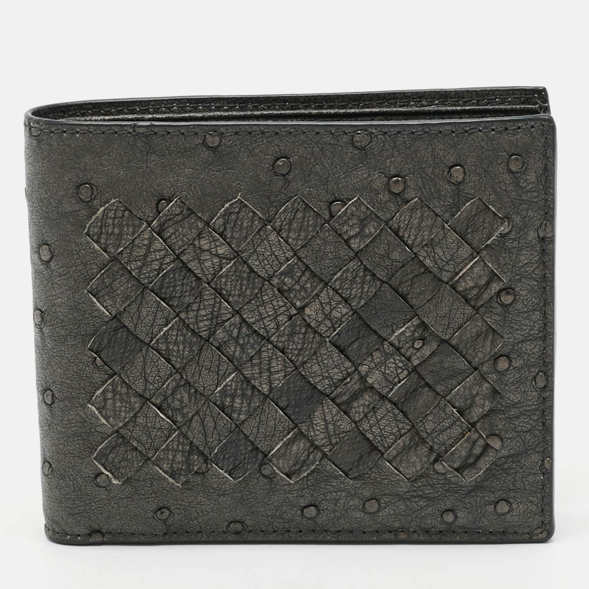 Bottega Veneta Grey Intrecciato Ostrich Bifold Wallet