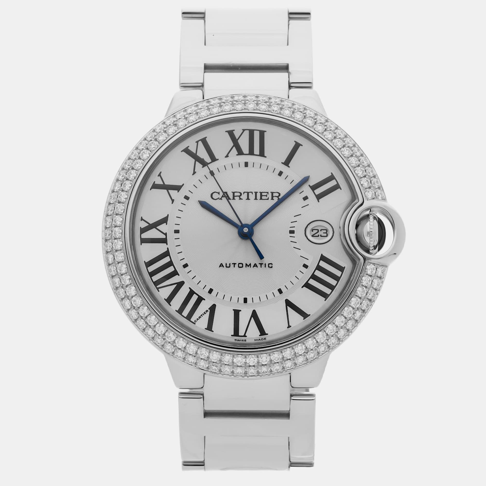 Pre-Owned Cartier Ballon Bleu de Cartier WE9009Z3 Silver Automat 18k White Gold Men's Wristwatch 42 MM
