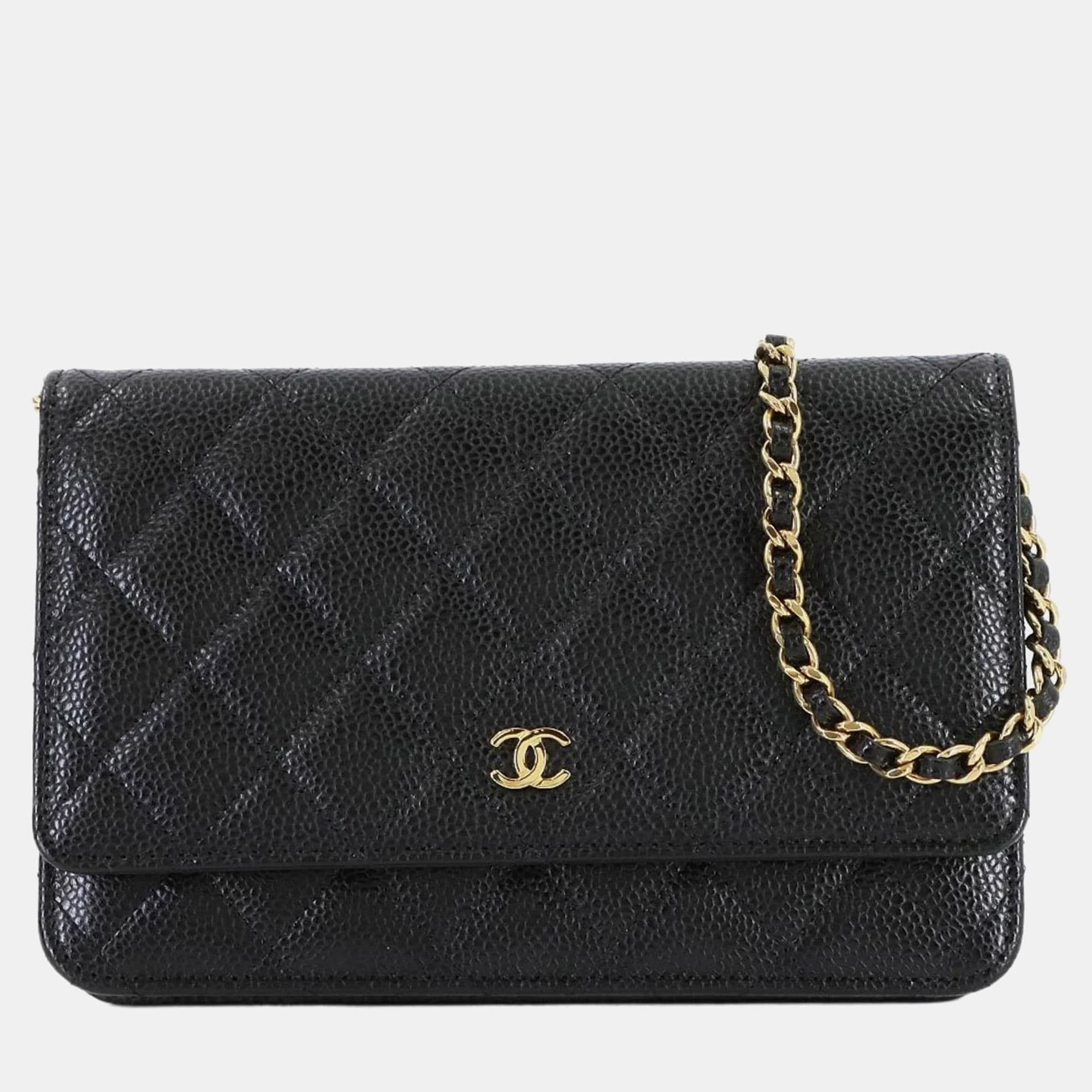 Chanel Classic Matelasse Black Caviar Leather Wallet on Chain