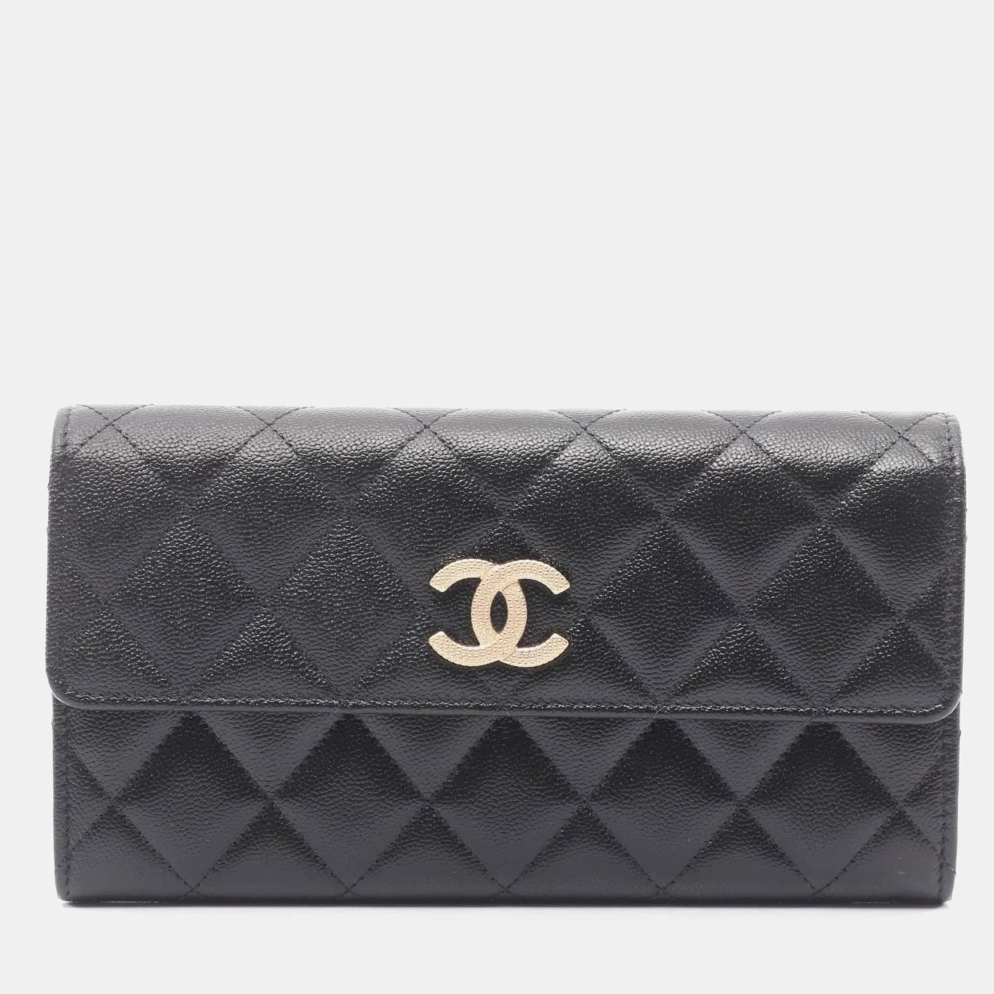 Chanel Matelasse Black Grained Calfskin Leather Bifold Long Wallet