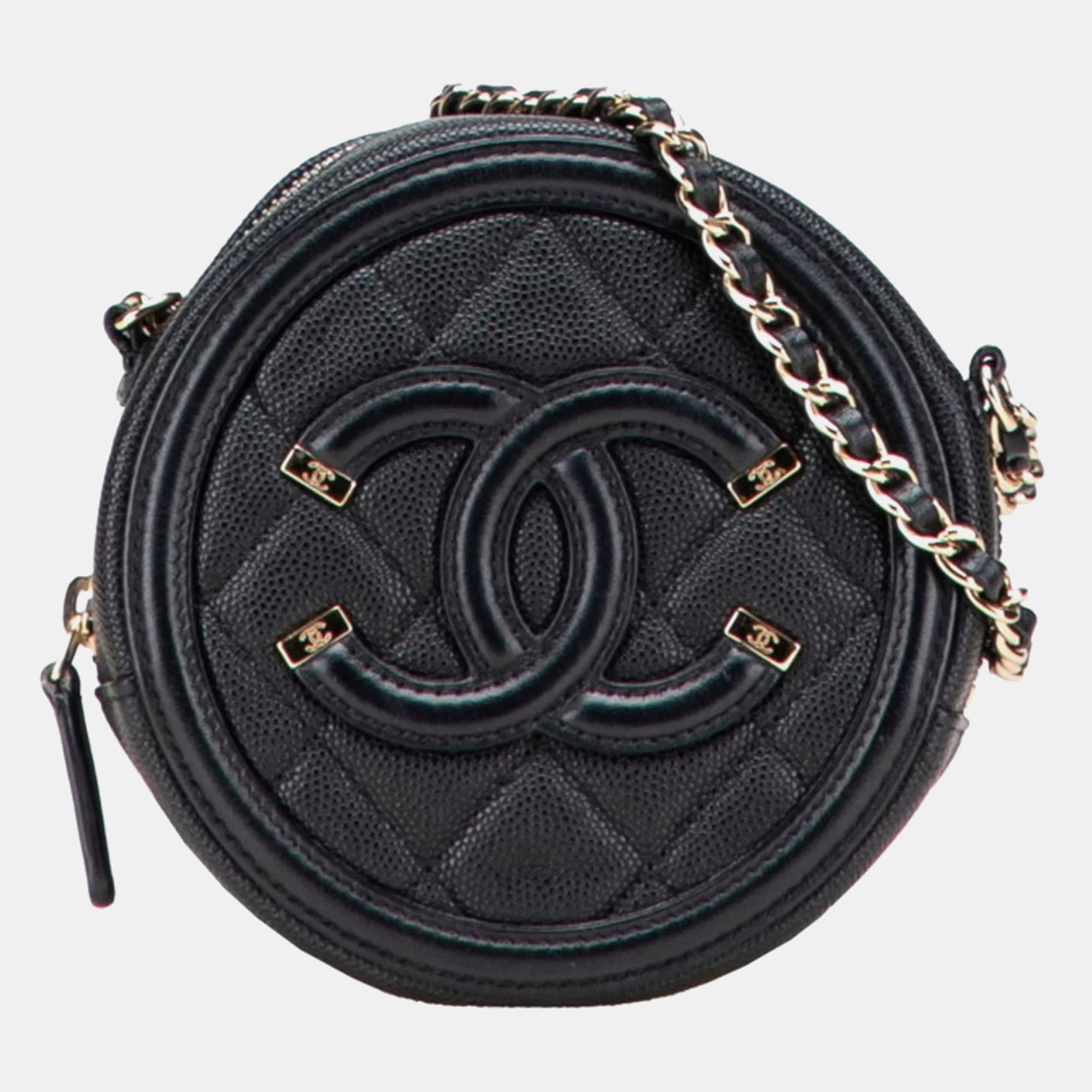 Chanel Filigree Round Black Caviar Leather Chain Shoulder Bag