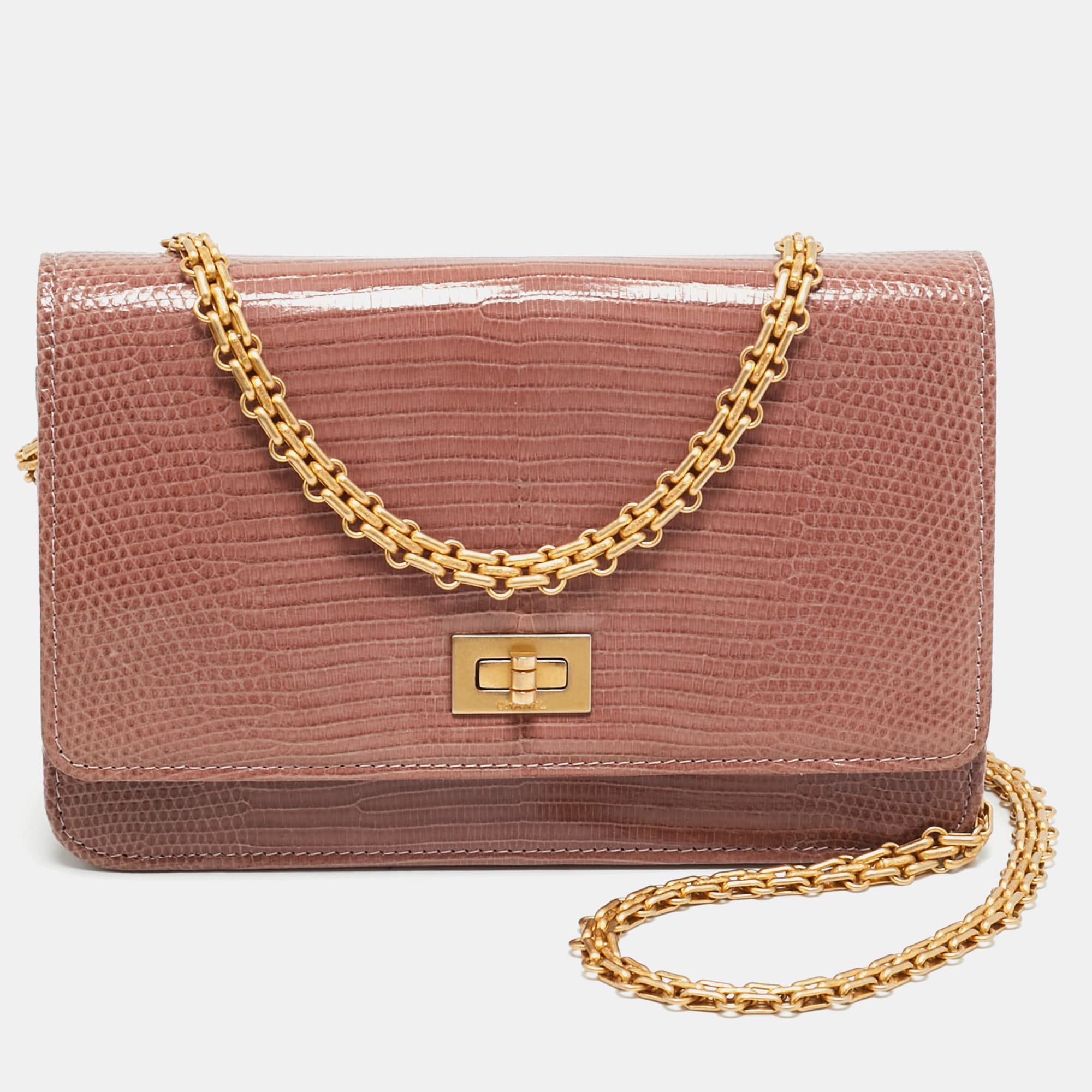 Chanel Reissue Dusty Pink Lizard Wallet On Chain