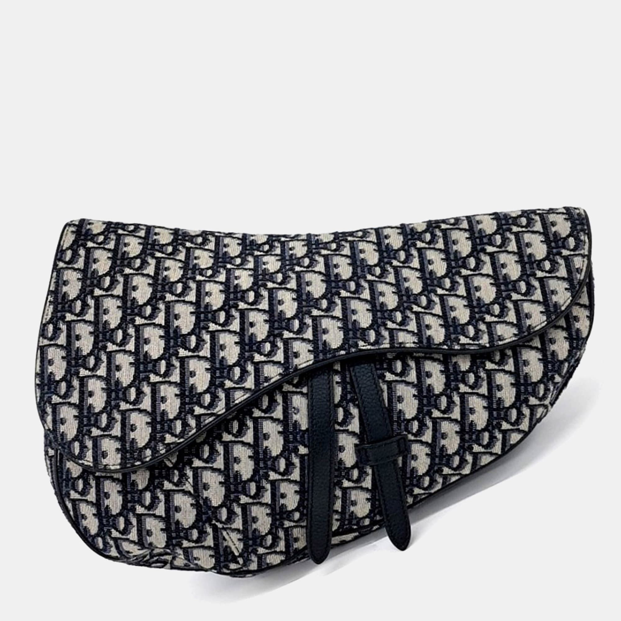 Dior Beige Blue Canvas Oblique Saddle Belt Bag