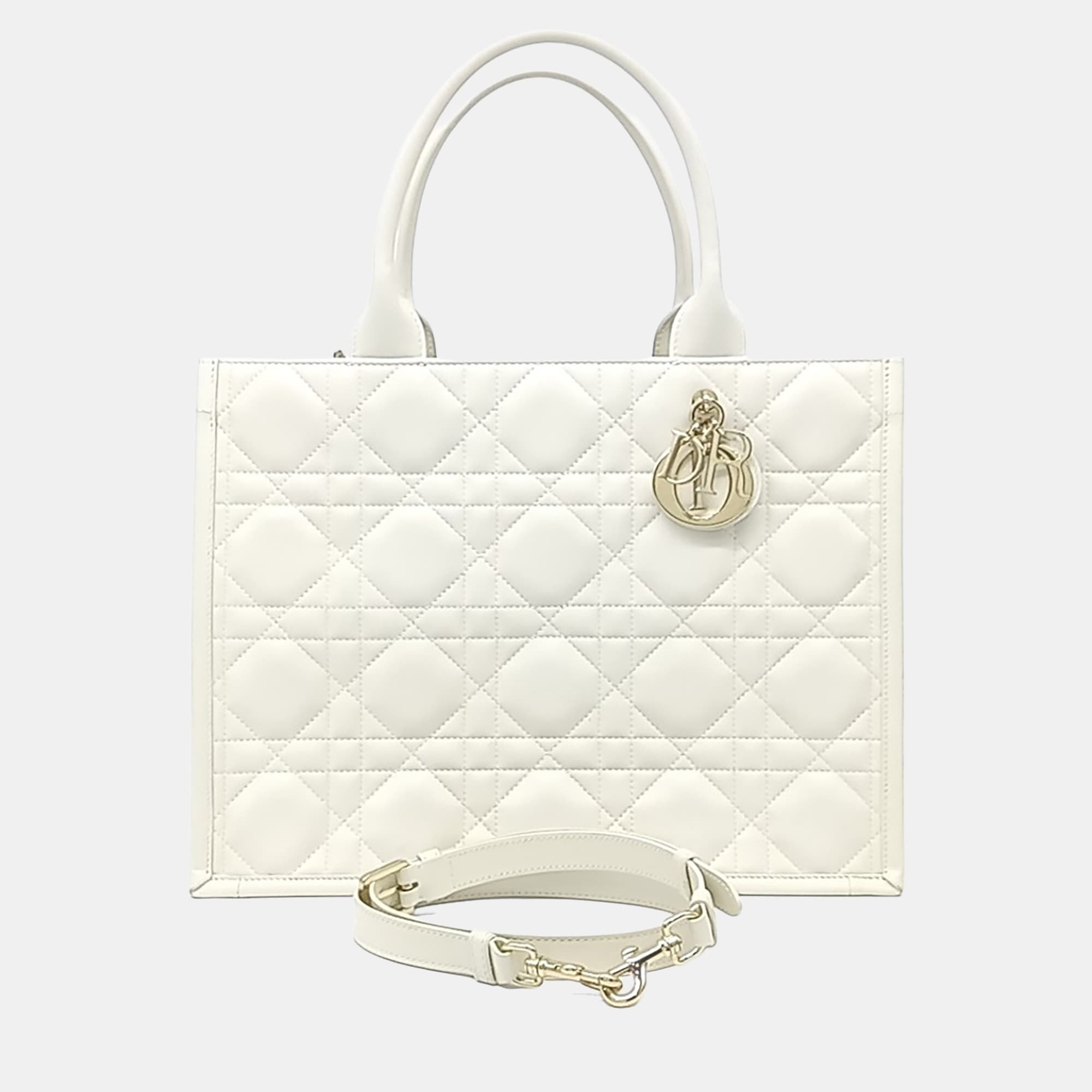 Dior White Leather Macrocannage Book Tote Bag Medium