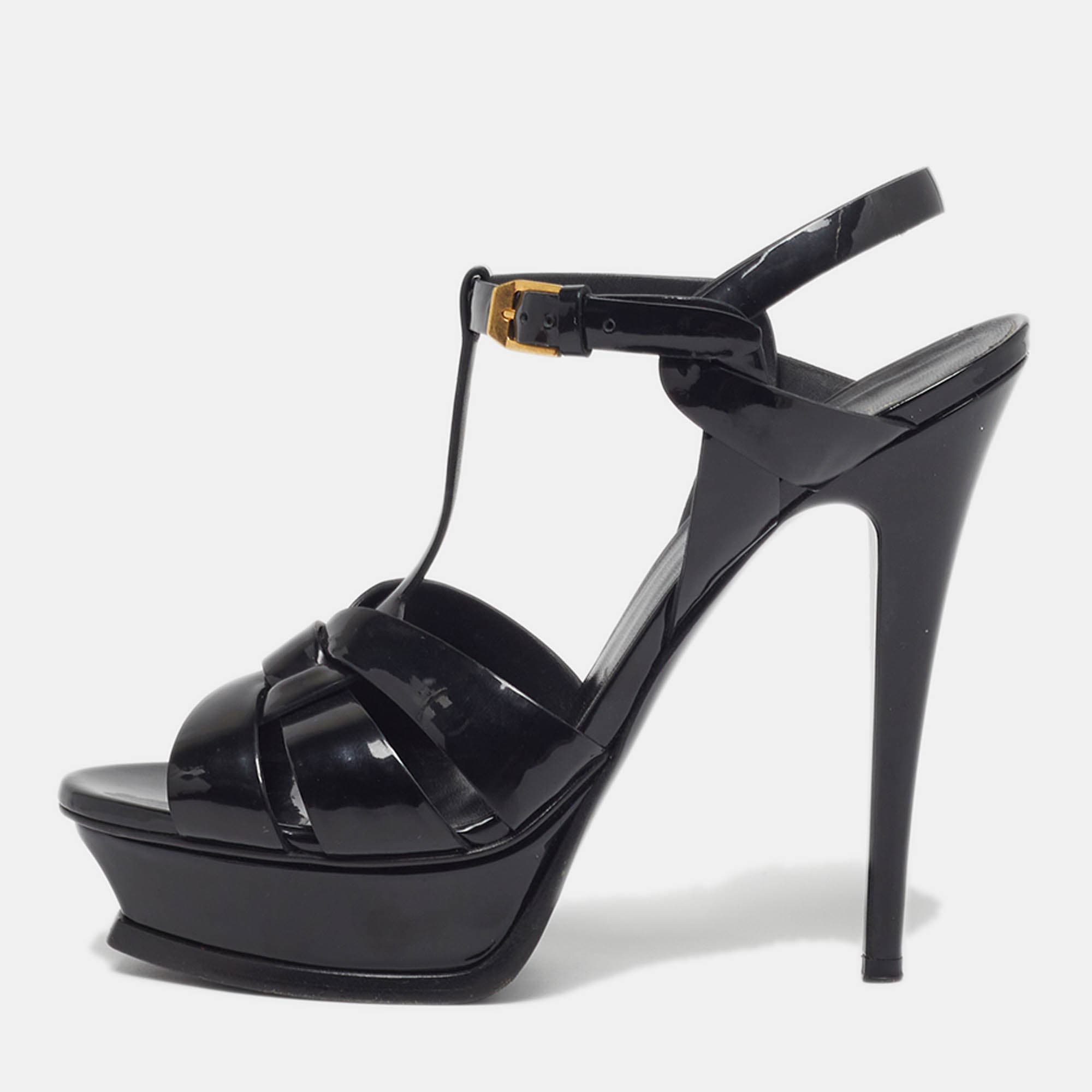 Saint Laurent Tribute Size 39 Black Leather Platform Sandals
