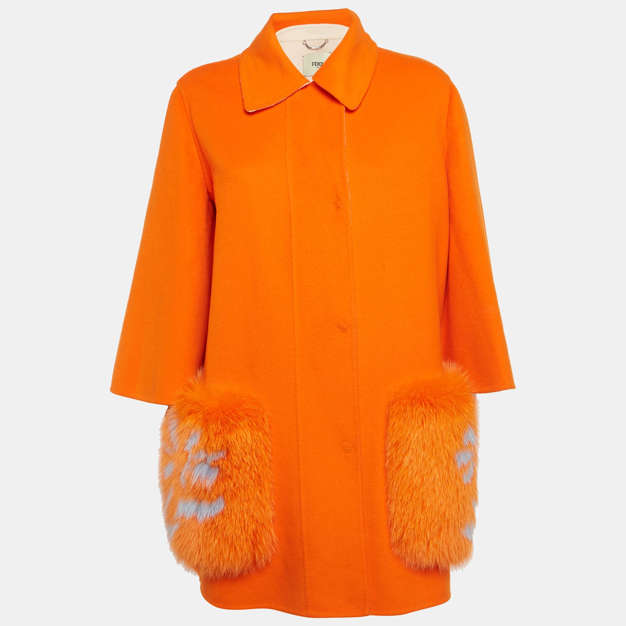 Fendi Orange Felt Fox Fur Detail Mid-Length Coat M
