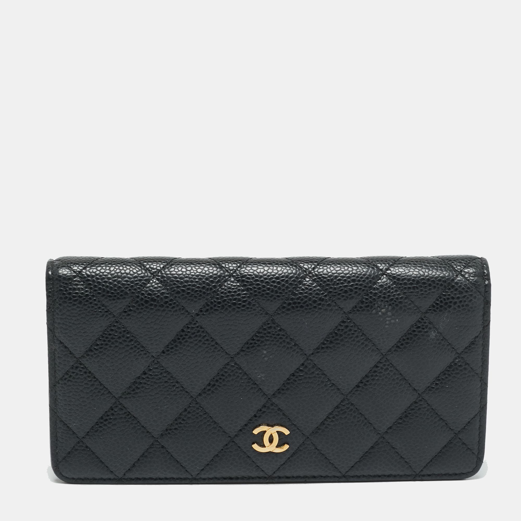 Chanel L Yen Black Caviar Quilted Leather Bifold Wallet