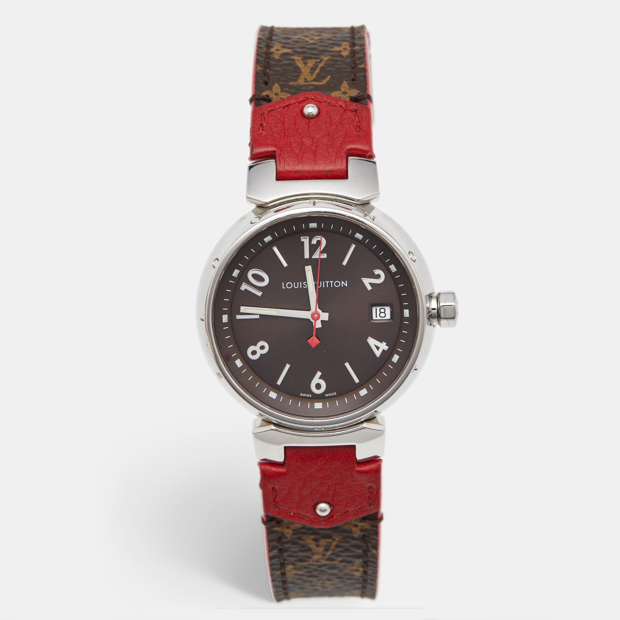 Louis Vuitton Tambour Q1329 Brown Dial Stainless Steel Leather Women's Wristwatch 34 mm