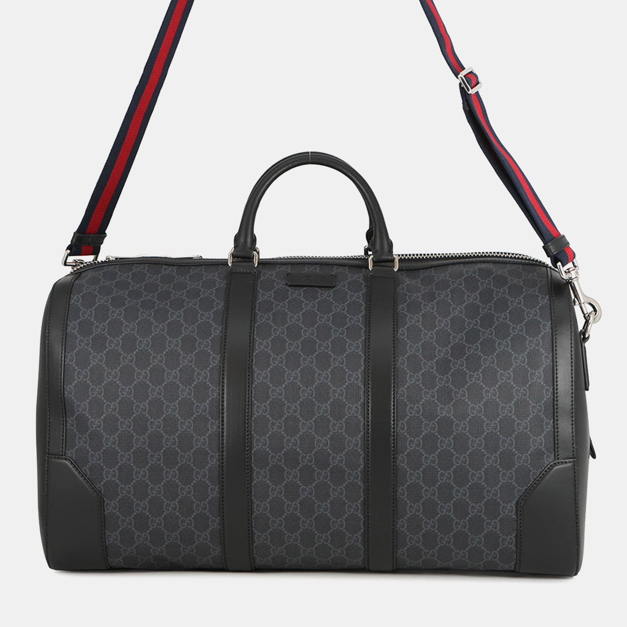 Gucci GG Supreme Black Gray Canvas Leather Travel Bag