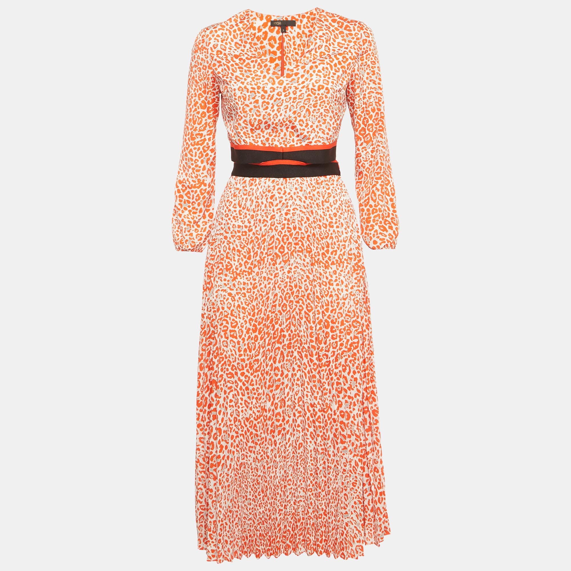 Maje Orange Printed Crepe Cut Out Detail Midi Dress S