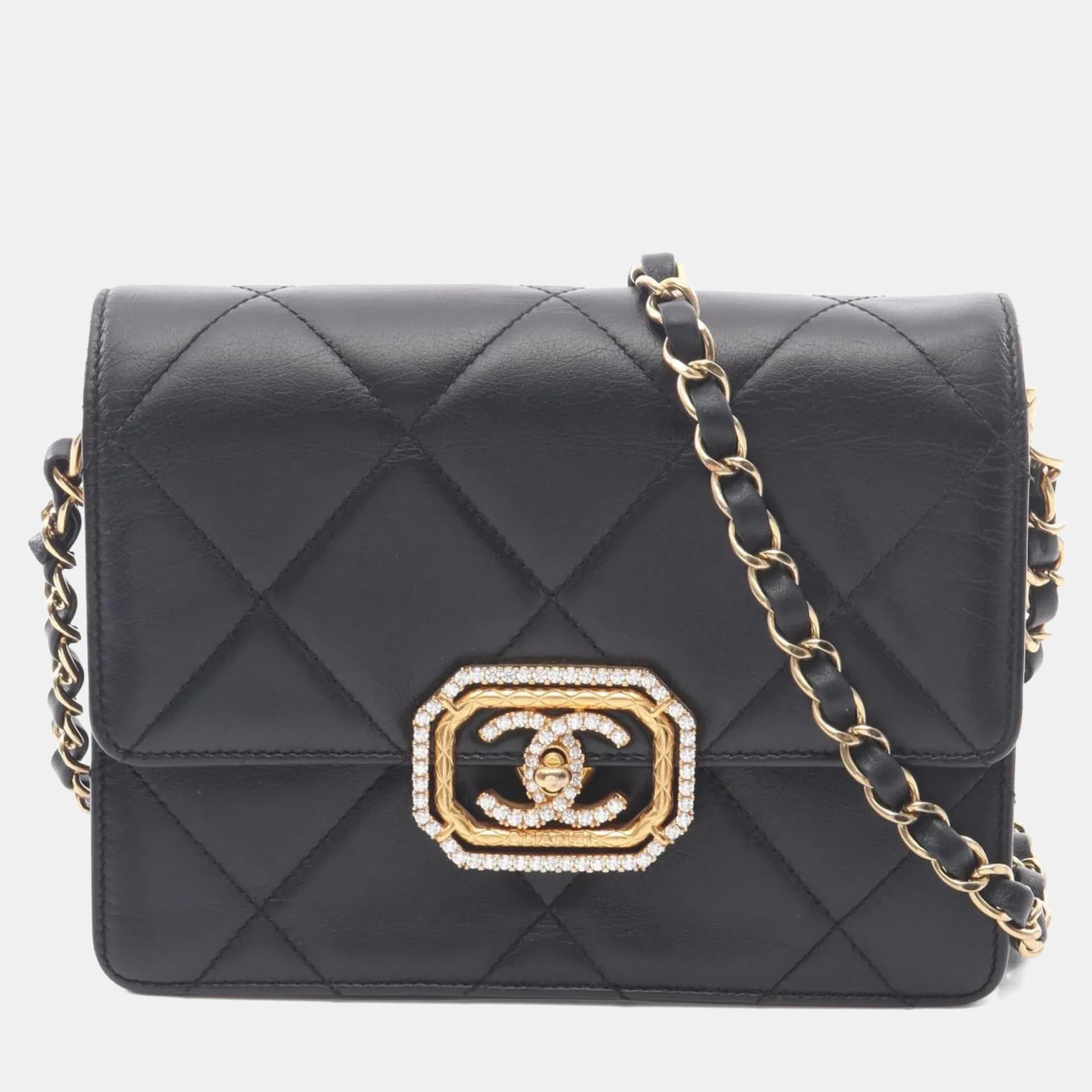 Chanel Crystal Geometric Frame Black Lambskin Leather Shoulder Bag
