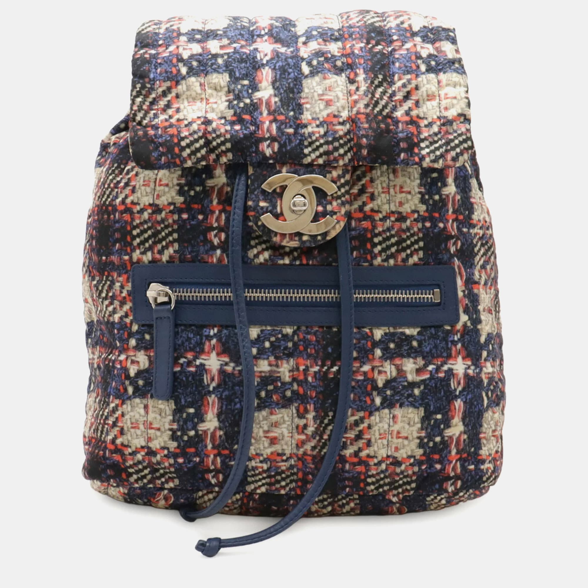 Chanel Tweed Print Coco Mark Chain Shoulder Blue Pink Nylon Backpack