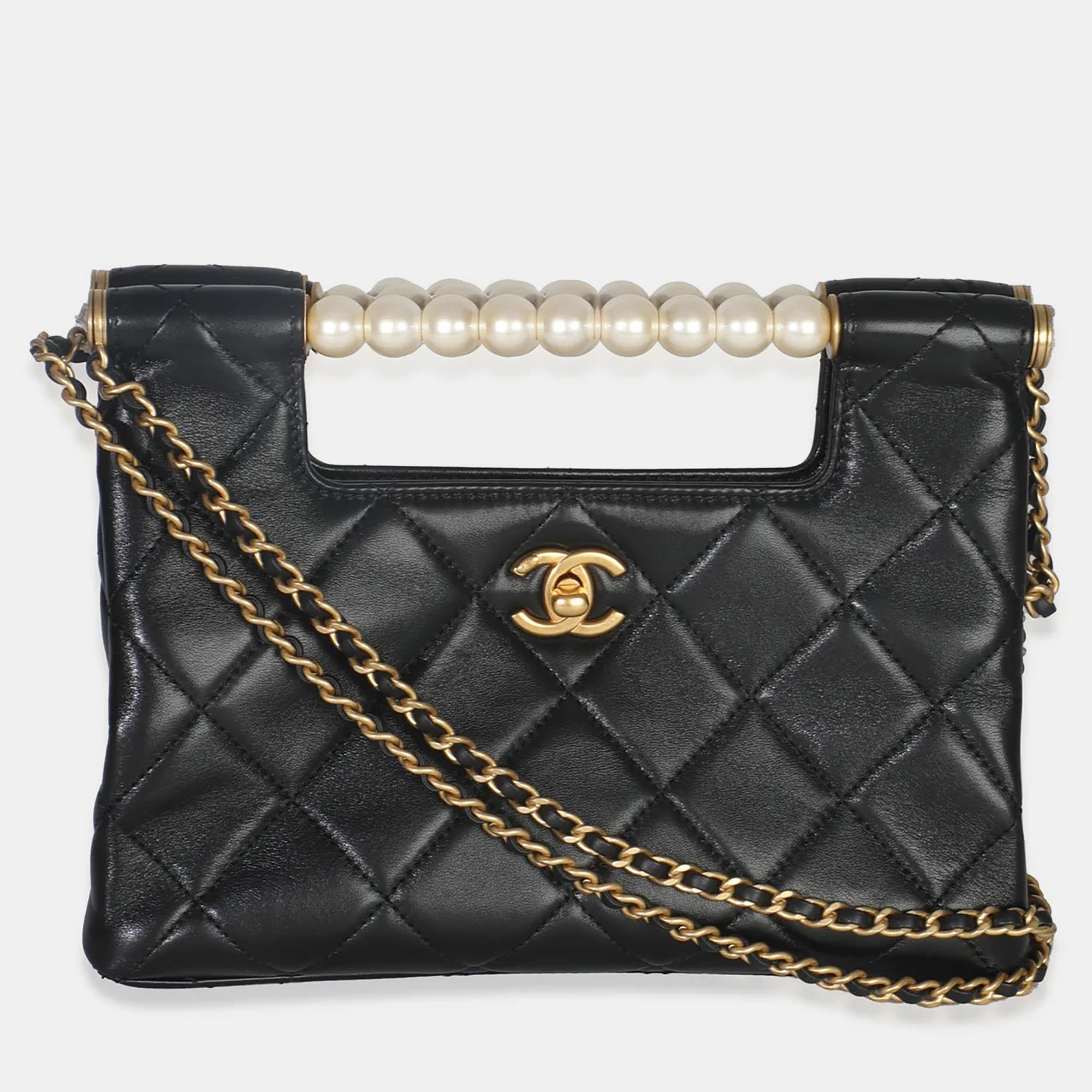 Chanel Shiny Quilted Pearl Small Black Lambskin Leather Shopping Bag